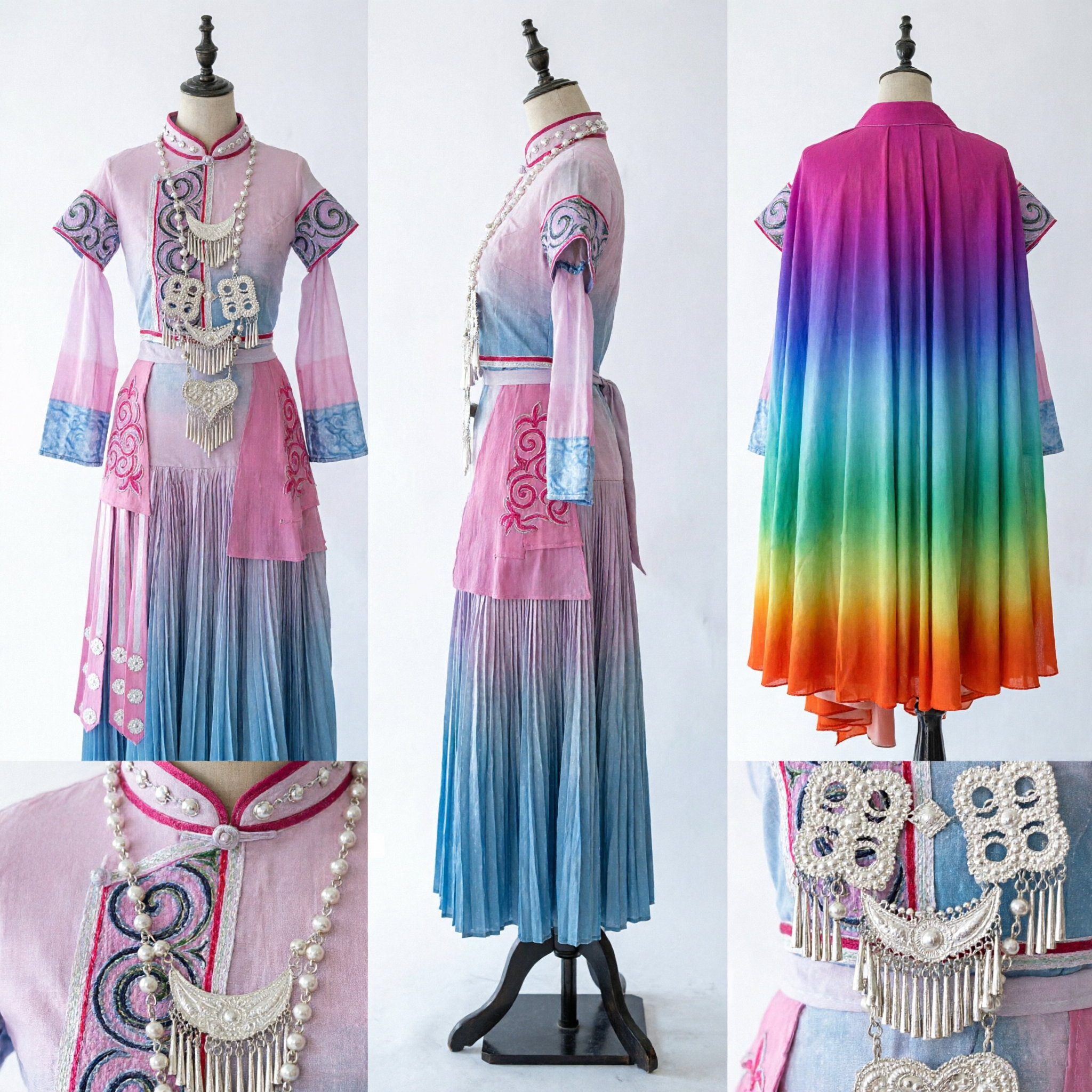 Costume de fée traditionnel chinois pour femmes, robe Hanfu rose et bleue avec cape arc-en-ciel pour spectacle - Asian Costume