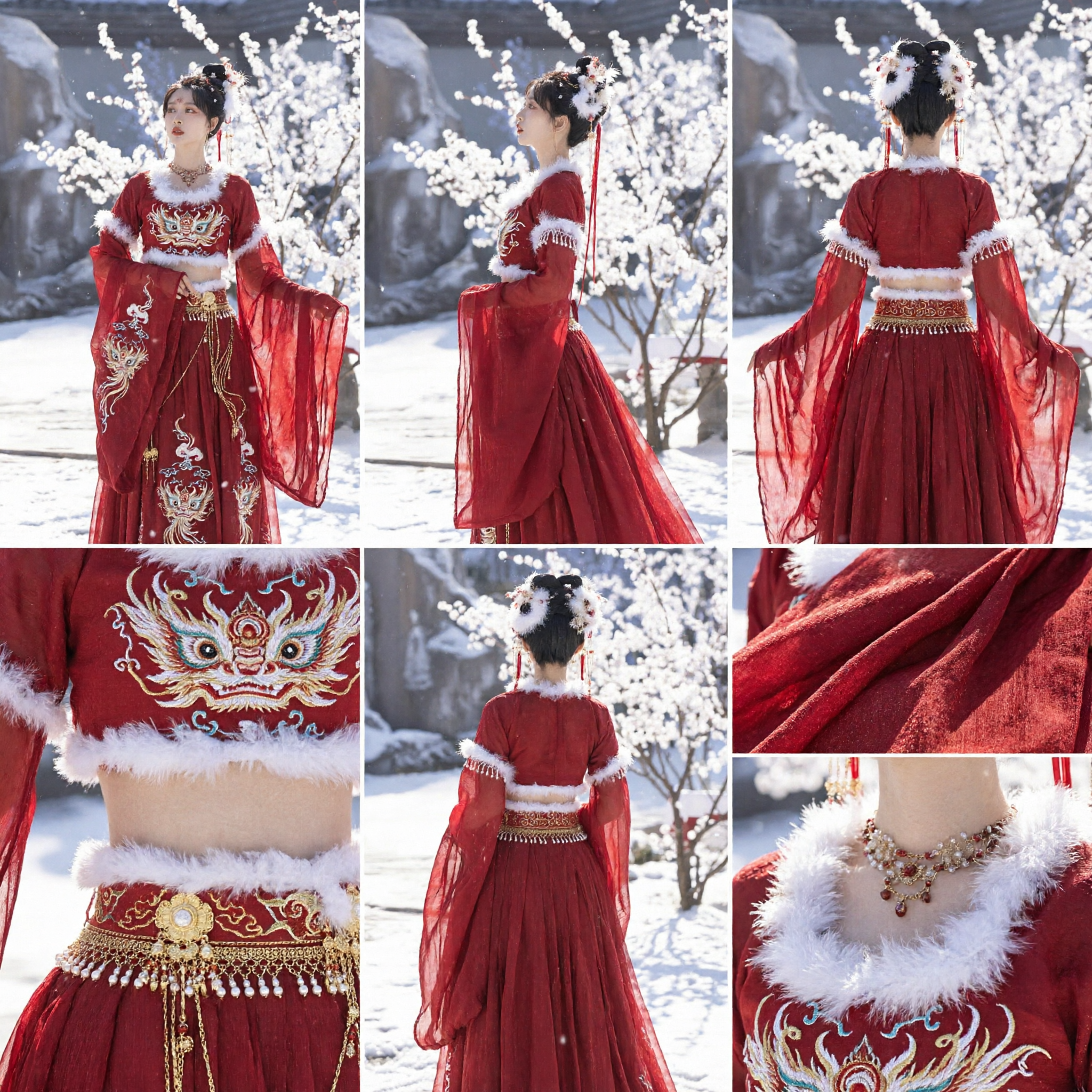 Traditioneel Chinees Rood Hanfu Winter Kostuum met Bontafwerking Oude Prinses Jurk voor Vrouwen Cosplay - Asian Costume