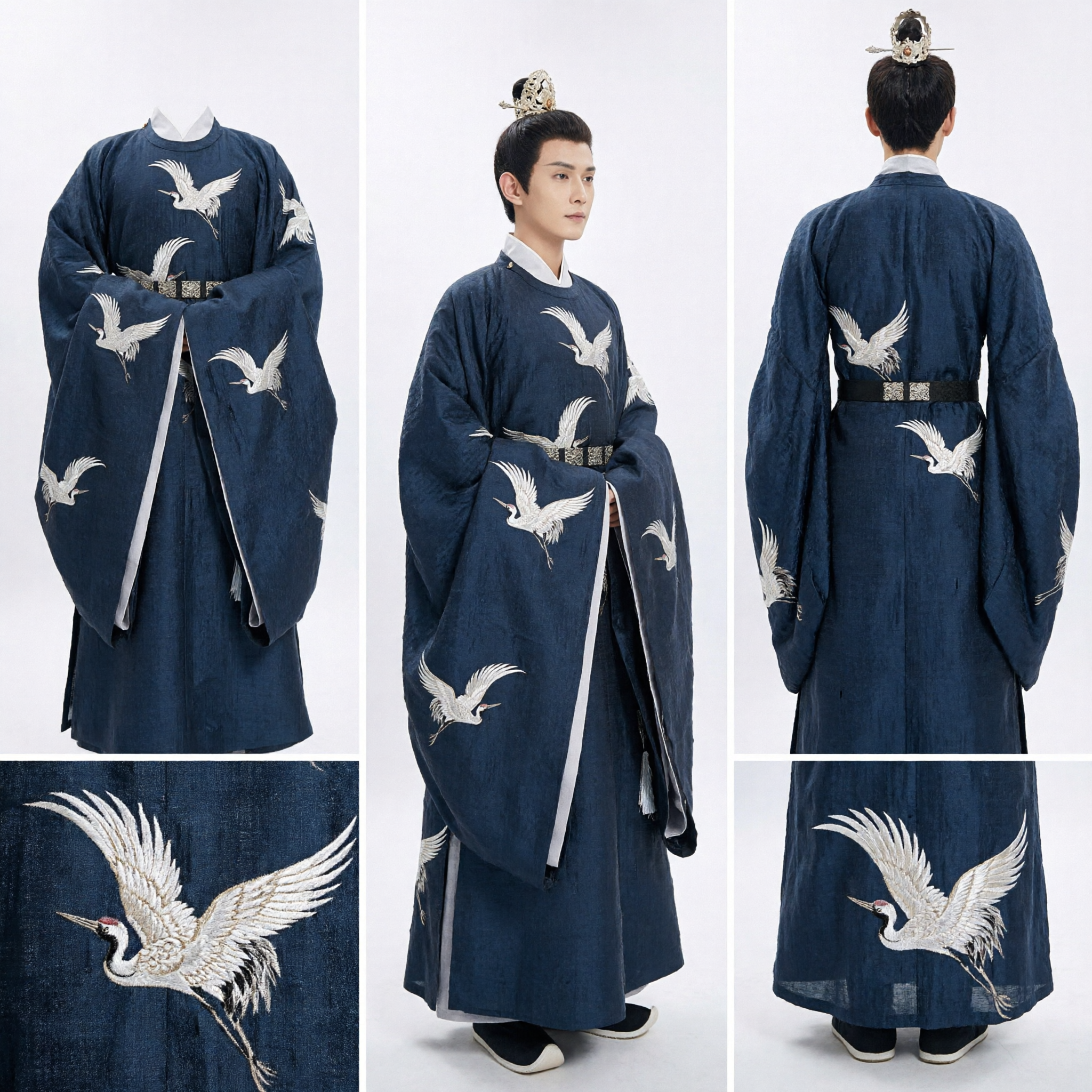 Veste Hanfu Antica Cinese per Uomini con Ricamo di Gru Nero, Costume Tradizionale da Studioso della Dinastia Song per Cosplay - Asian Costume