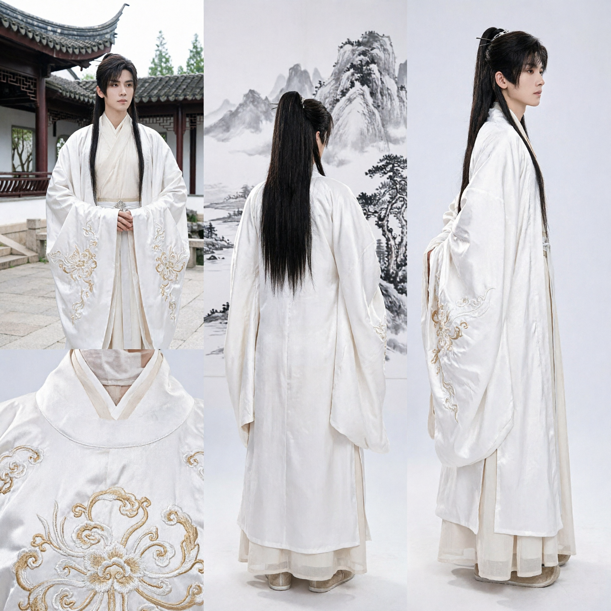 Túnica Hanfu Tradicional China para Hombres en Blanco, Ropa Antigua de Erudito, Traje de Cosplay con Mangas Amplias - Asian Costume