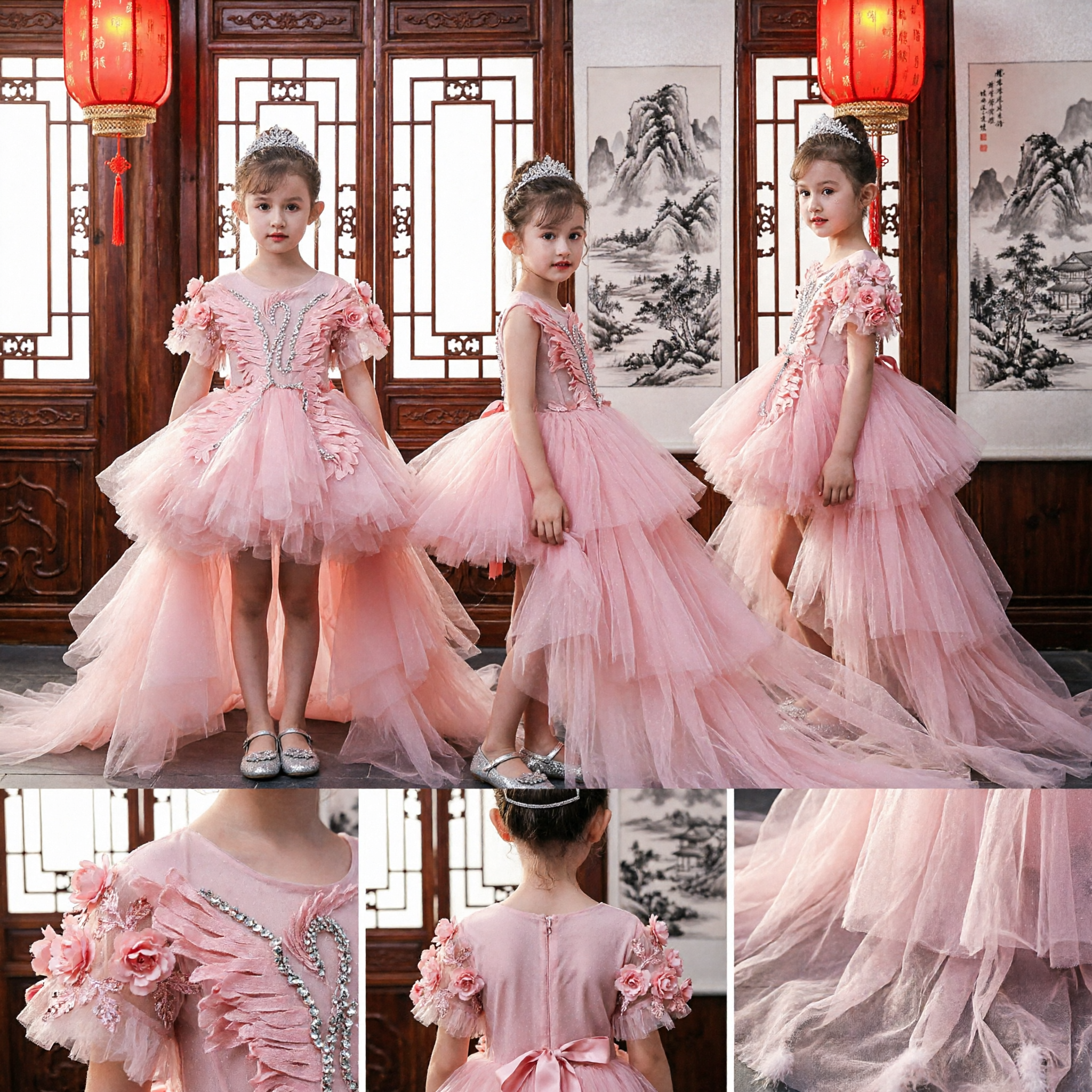 Elegant Pink Tulle Princess Gown for Girls Flower Girl Wedding Pageant Party Dress with Sequins - Asian Costume