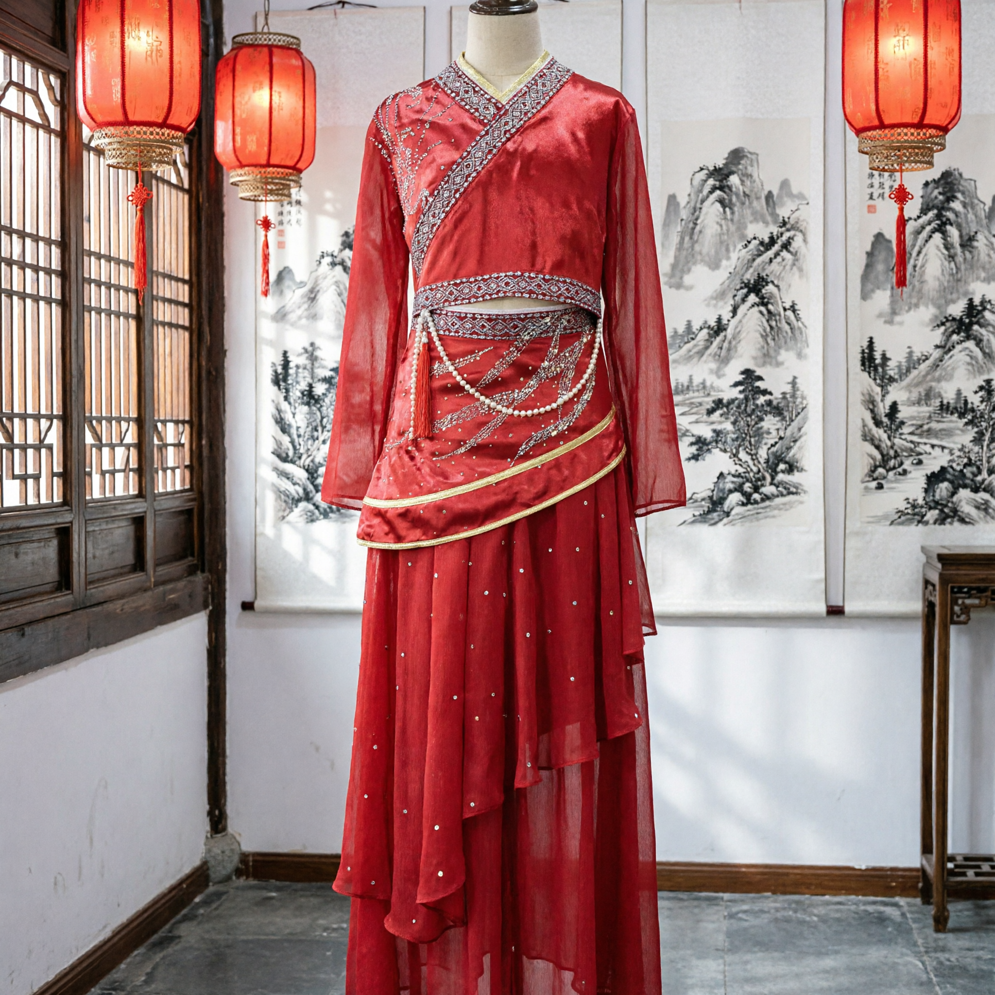 Женский красный китайский традиционный этнический танцевальный костюм, народное сценическое платье для выступлений с бисерными деталями - Asian Costume