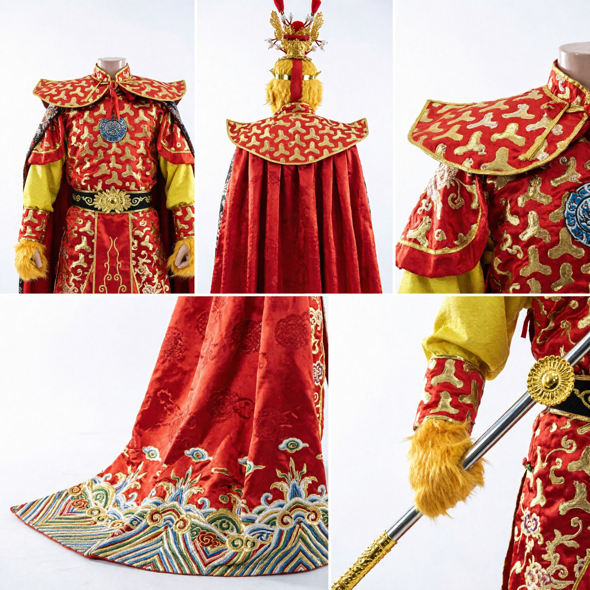 Costume traditionnel chinois du Roi Singe Sun Wukong, ensemble complet avec bâton pour adultes, pour cosplay d'Halloween et performances - Asian Costume