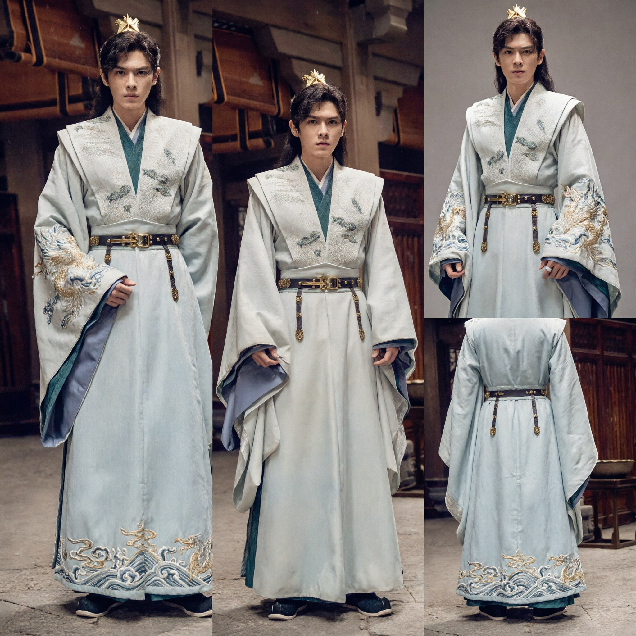 Costume traditionnel chinois pour hommes Hanfu - Robe princière ancienne de noblesse blanche brodée - Tenue historique pour cosplay - Asian Costume