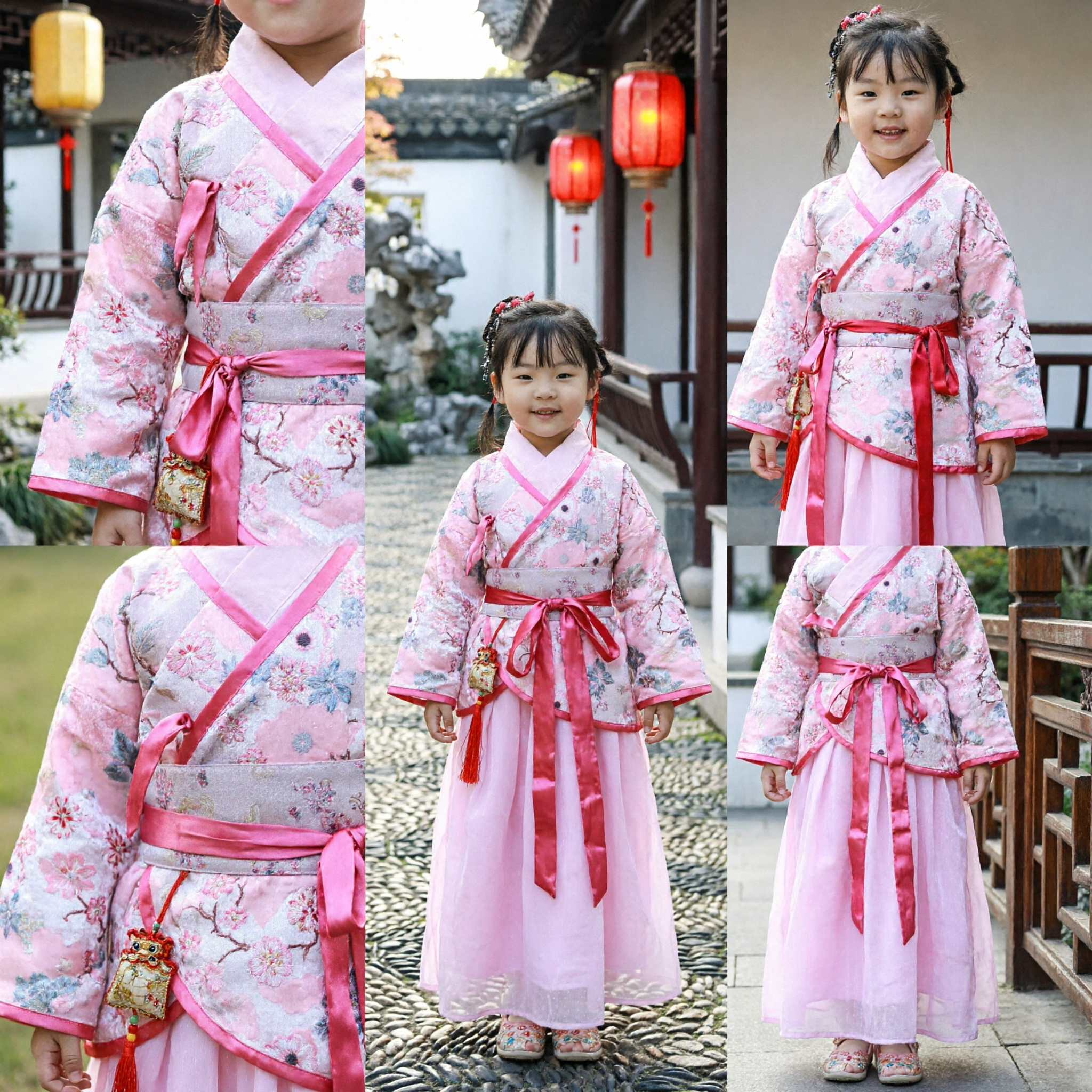 Vestido de Traje Antigo Chinês Tradicional Hanfu Rosa Floral para Meninas Pequenas para o Festival do Ano Novo Lunar - Asian Costume