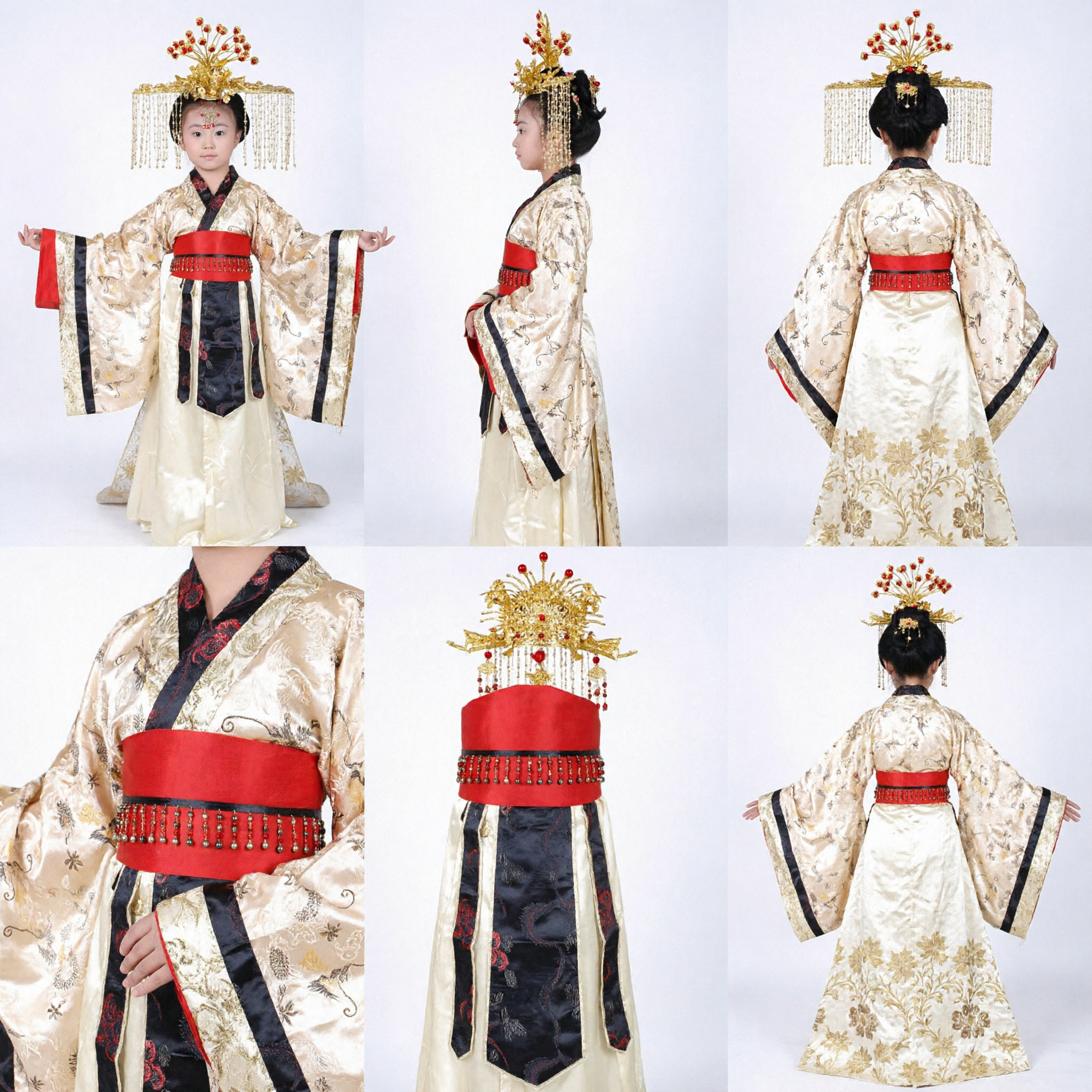 Meisjes oud Chinees Hanfu traditioneel keizerlijk koningin prinses kostuum goud satijnen jurk voor cosplay dansoptreden - Asian Costume