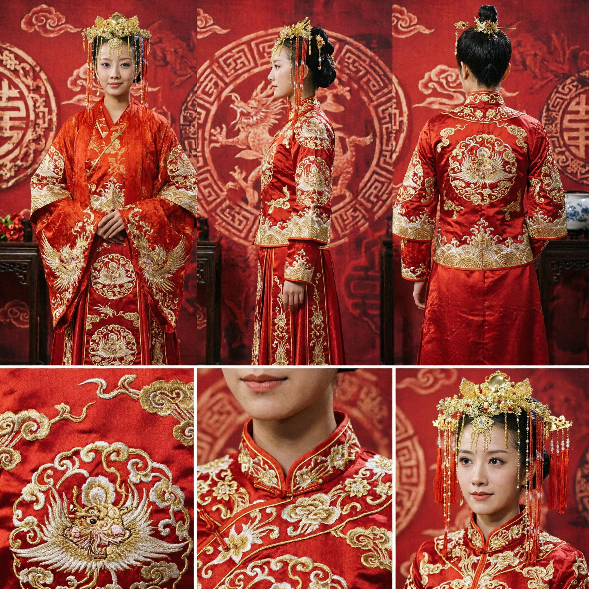 Vestido de Noiva Hanfu Chinês Tradicional Vermelho com Coroa de Fênix Dourada para Mulheres - Asian Costume