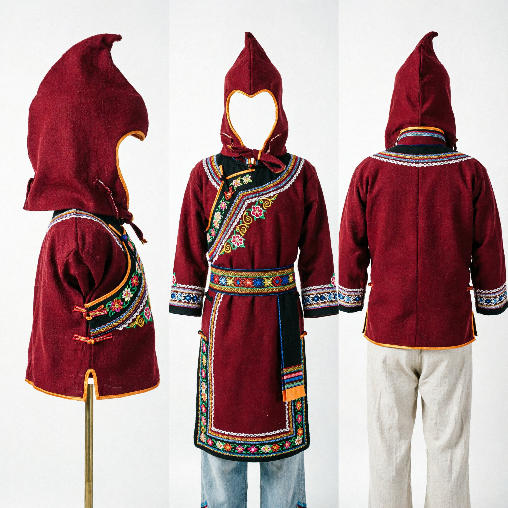 Cappuccio da Costume Appuntito Rosso Scuro con Bordo Giallo per Costumi da Jolly o Elfo per Halloween e Cosplay - Asian Costume