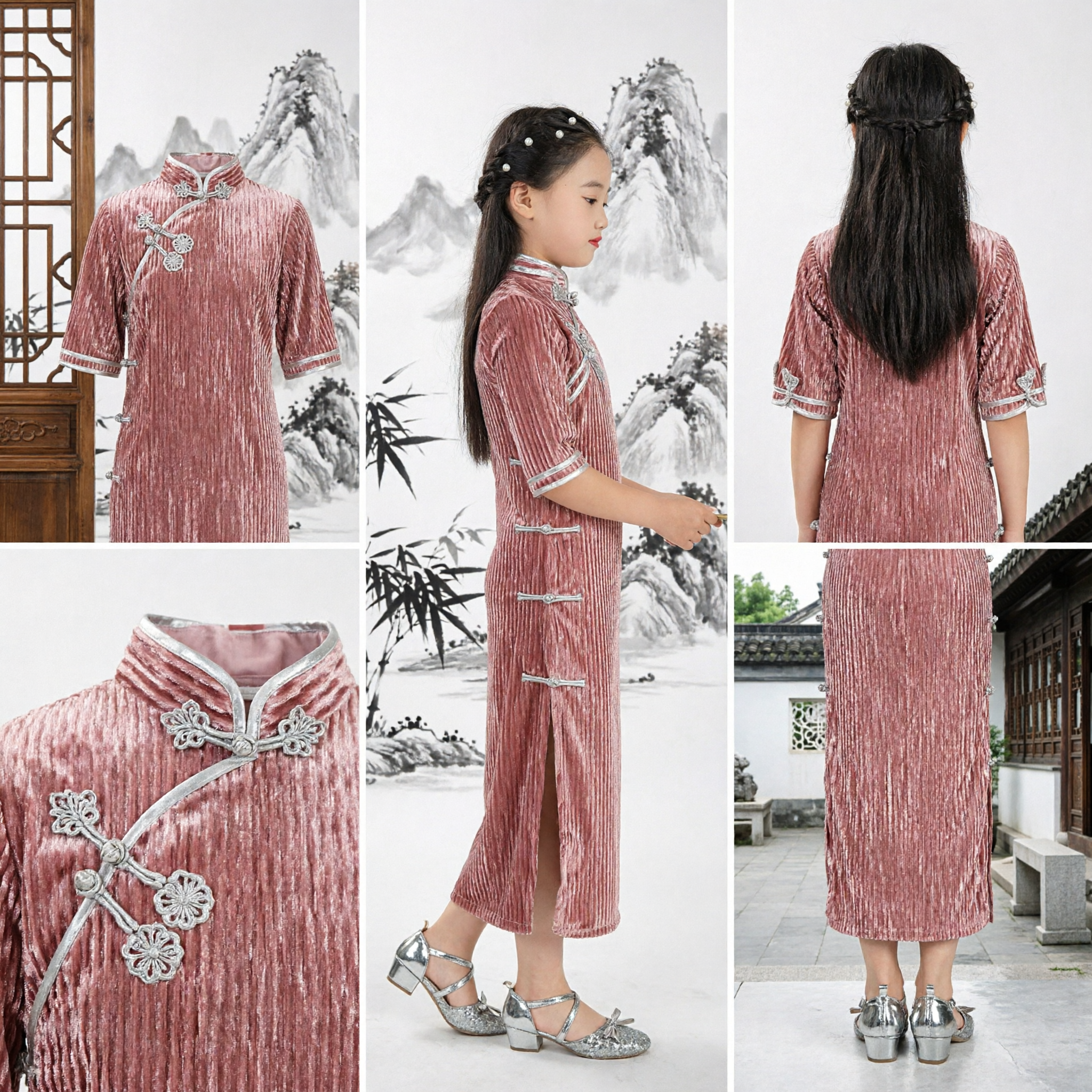 Vestido Tradicional Chinês Cheongsam Qipao Veludo Rosa para Meninas Fantasia para Performance no Palco - Asian Costume