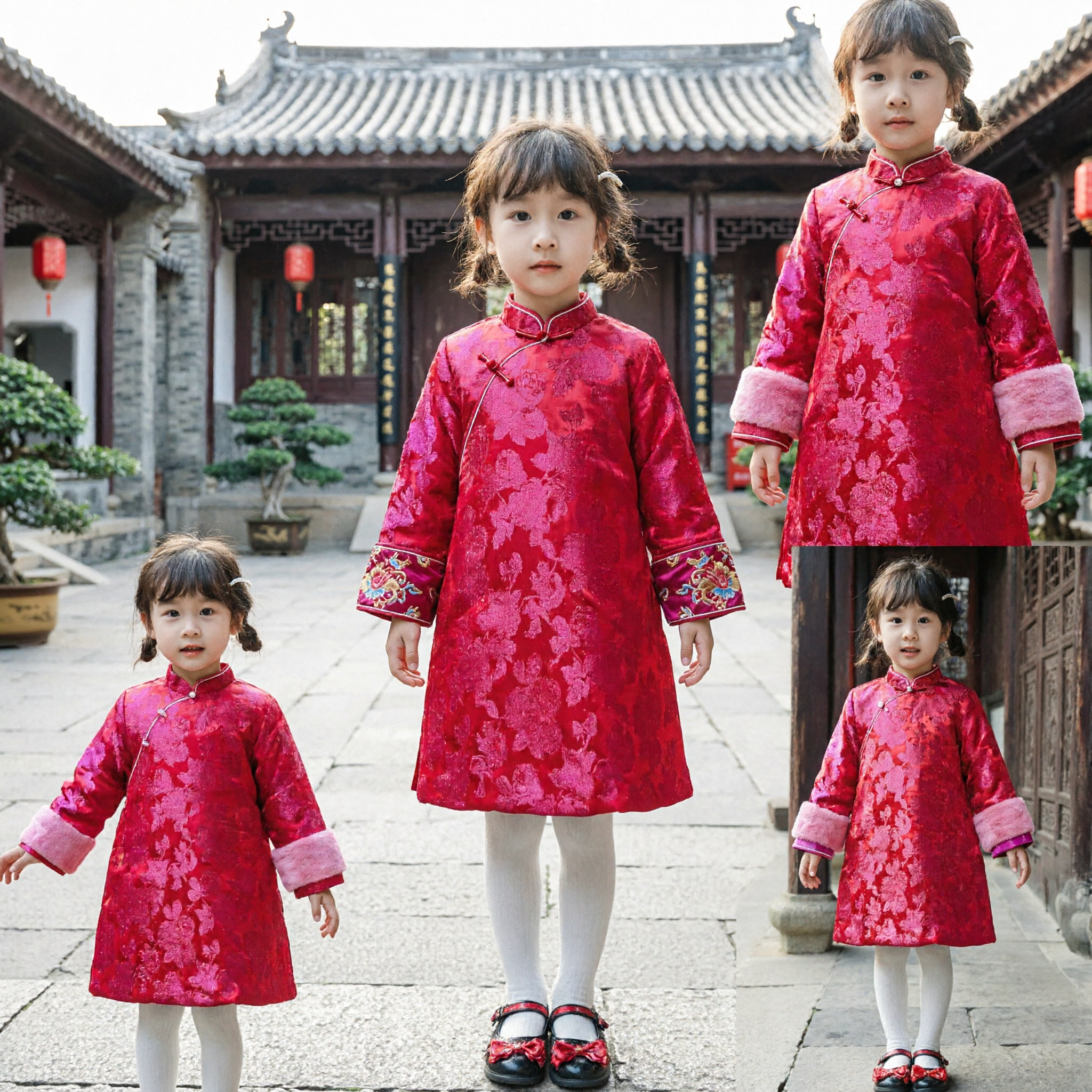 Kinderen Meisjes Traditioneel Chinees Nieuwjaar Rood Tang Pak Winter Warm Brokaat Jurk Jas - Asian Costume