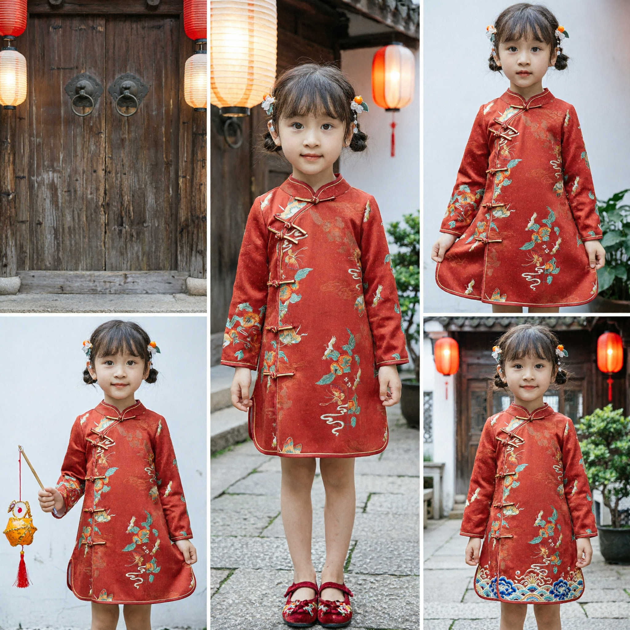 子供用女の子伝統的赤中国旗袍唐装 刺繍鶴ドレス 旧正月春節衣装 - Asian Costume