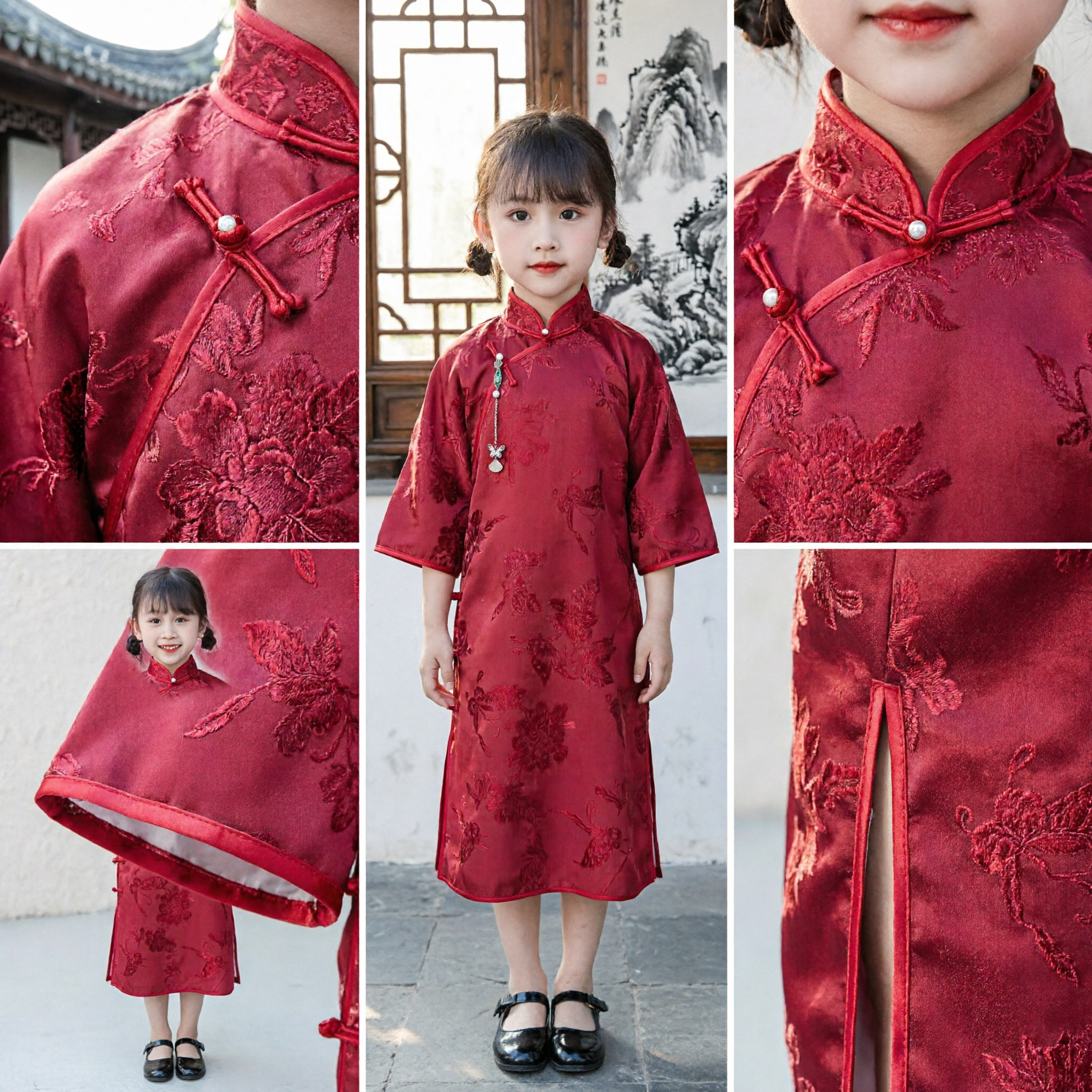 Meisjes Rood Traditionele Chinese Qipao Jurk Kinderen Vlinder Jacquard Cheongsam Tang Pak voor Nieuwjaar - Asian Costume