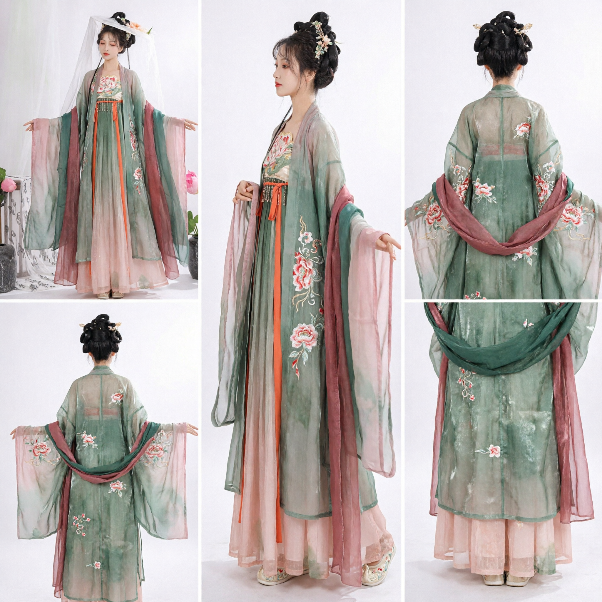 Elegantes Traditionelles Chinesisches Hanfu-Kleid Damen Tang-Dynastie Antikes Kostüm Grün Rosa Verlauf Feen-Gewand für Fotografie - Asian Costume