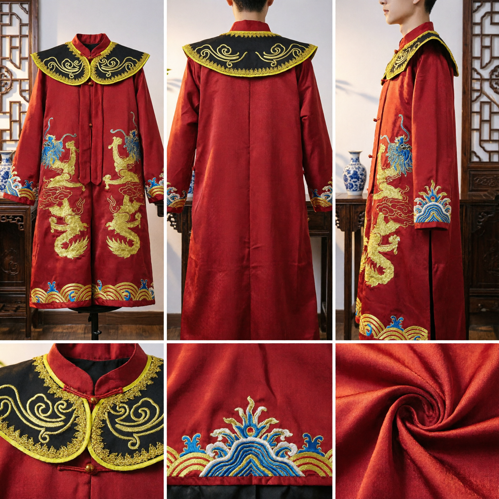 Chinesische Peking-Oper Rot-Drachen-Bestickter Umhang-Mantel Traditionelles Bühnenaufführungskostüm für Herren - Asian Costume