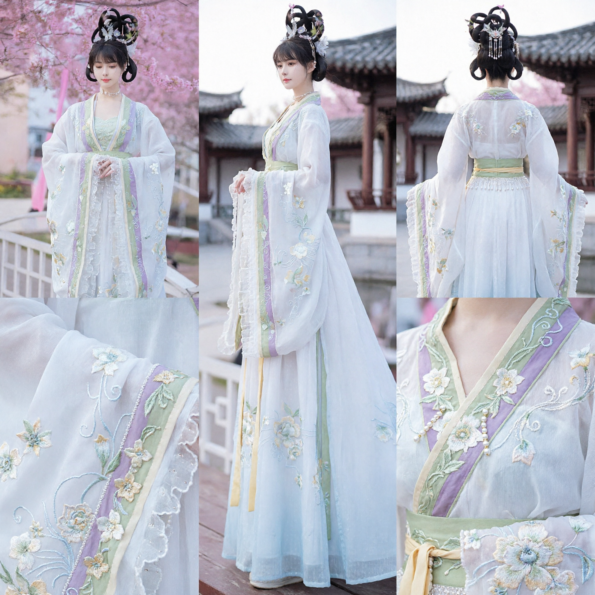 Elegante Traje de Hada Hanfu Floral en Colores Pastel Tradicional Chino de la Dinastía Tang para Fotografía de Primavera de Mujeres - Asian Costume