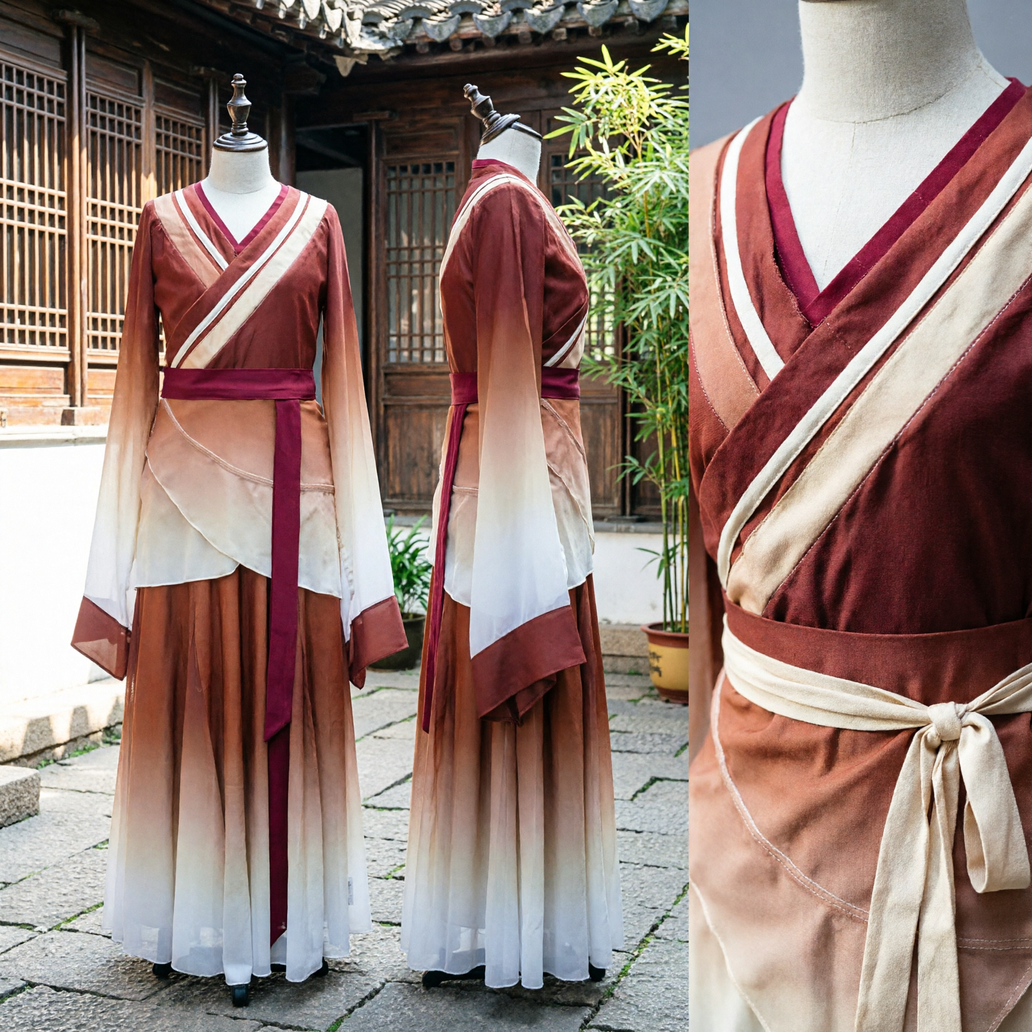Costume Hanfu Ancien Traditionnel Chinois, Robe à Dégradé Rouge Rouille pour Femme, pour Cosplay et Spectacle sur Scène - Asian Costume