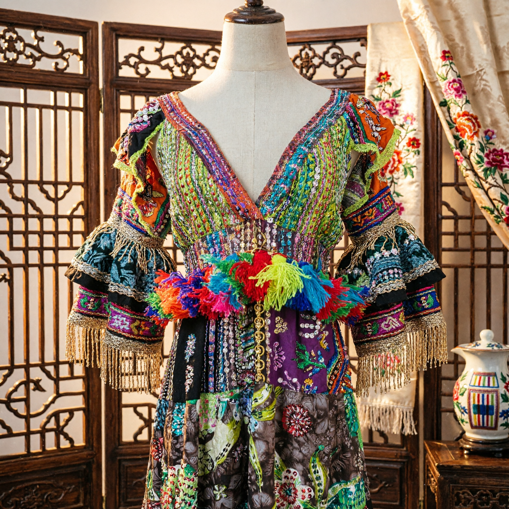 Kleurrijk Bohemian Patchwork-jurk met Franjekwasten en Pailletten voor Vrouwen Festival Podiumkostuum - Asian Costume