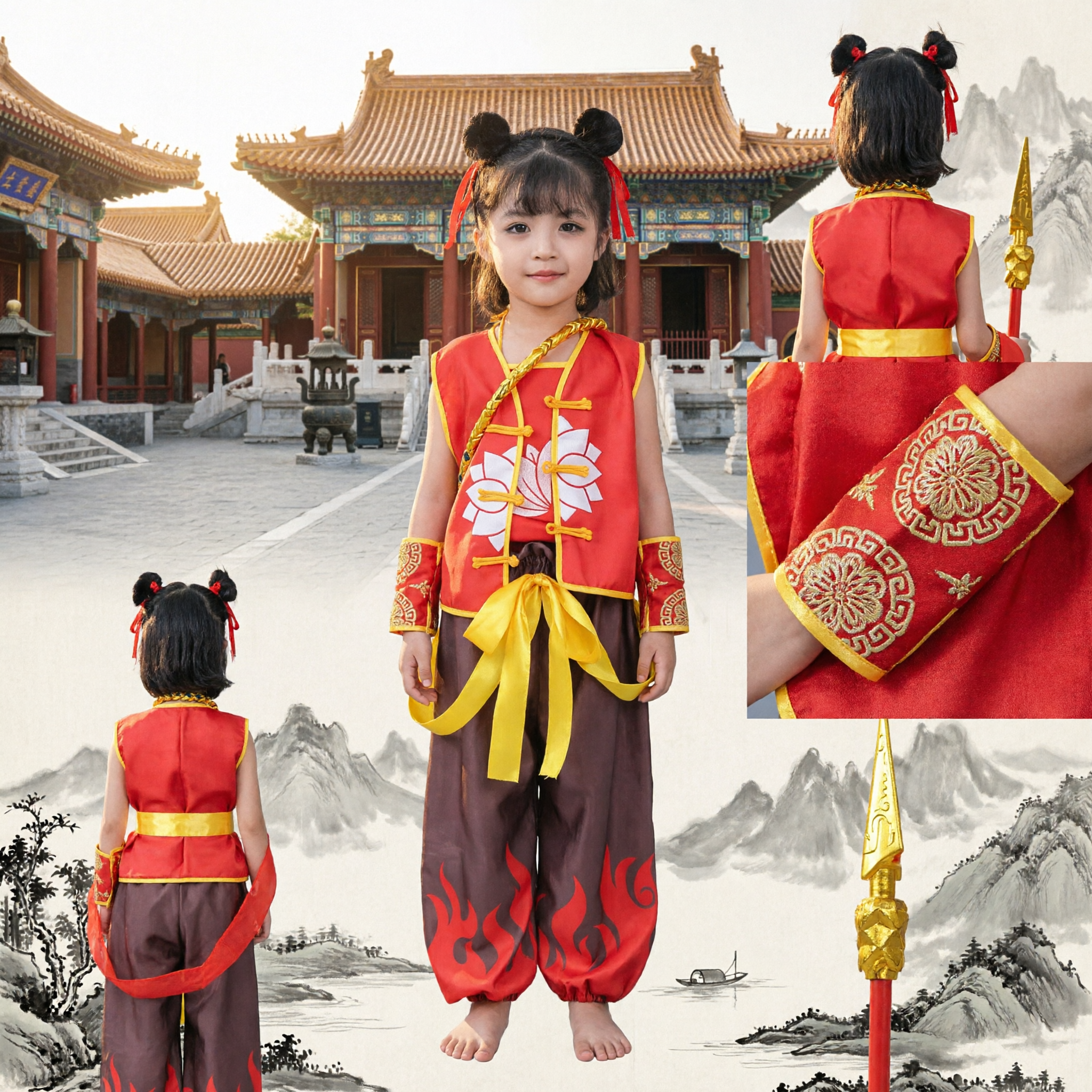 Kids Nezha Cosplay Costume Traditional Chinese Mythology Outfit with Spear and Ribbon for Stage Performance - Asian Costume