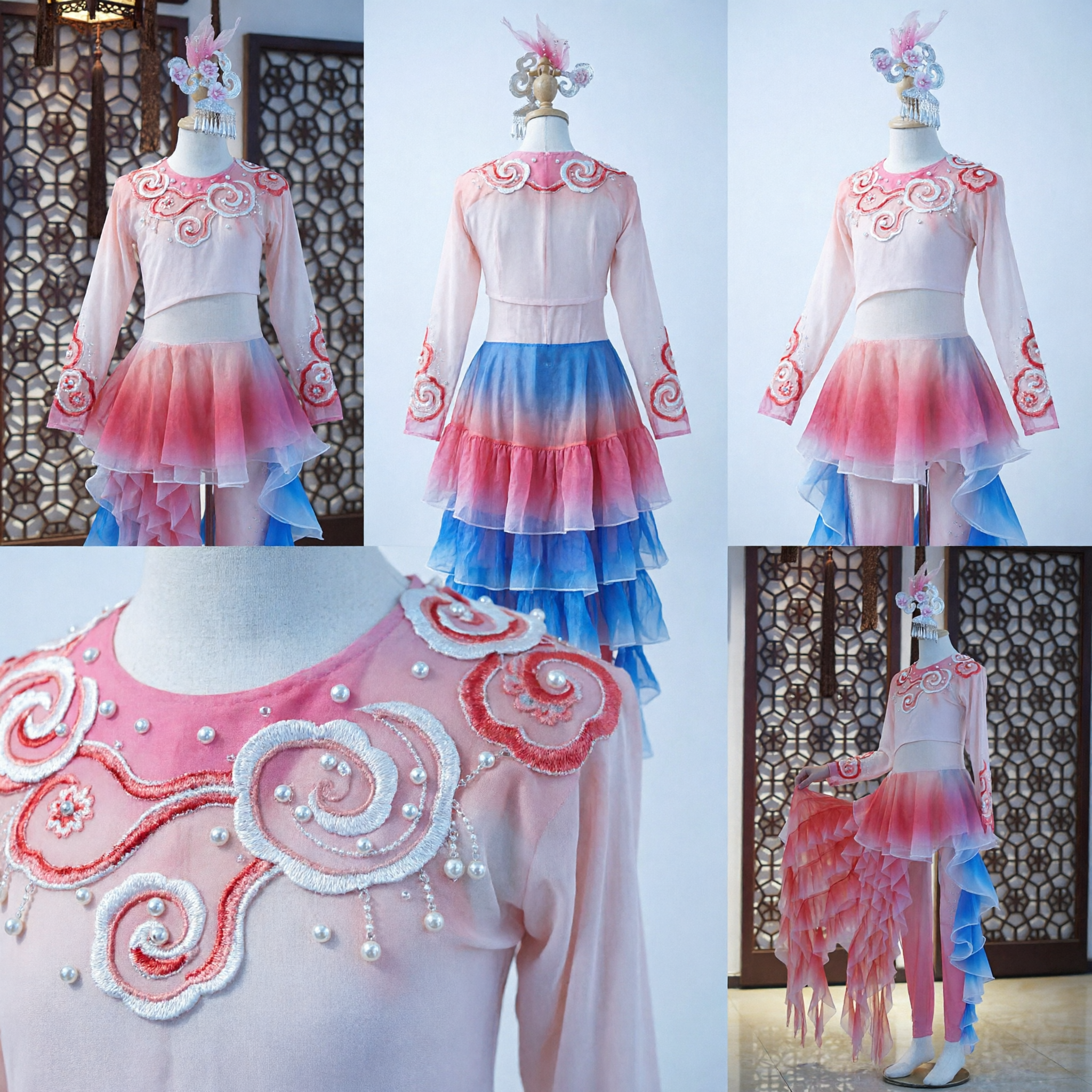 Traje Tradicional Chinês de Dança Folclórica Saia com Babados em Gradiente Rosa Traje para Performance no Palco para Mulheres e Meninas com Adorno de Cabeça - Asian Costume