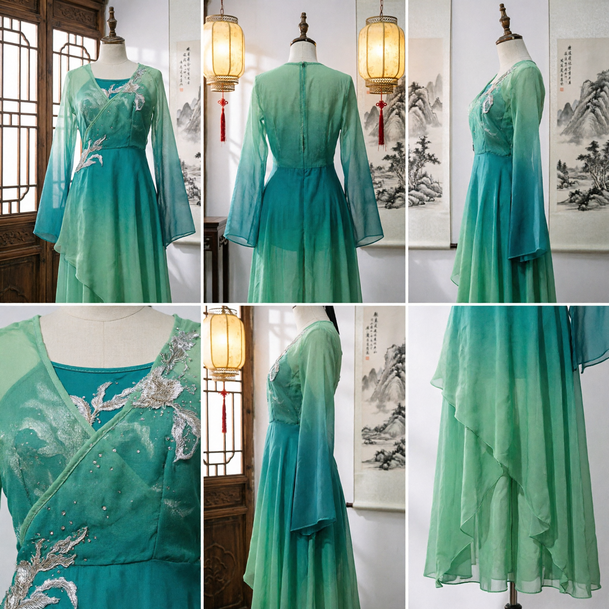 Vestido Hanfu Elegante Degradado Verde Tradicional Chino Antiguo de Hada con Bordado Plateado para Actuación Danza Escénica - Asian Costume