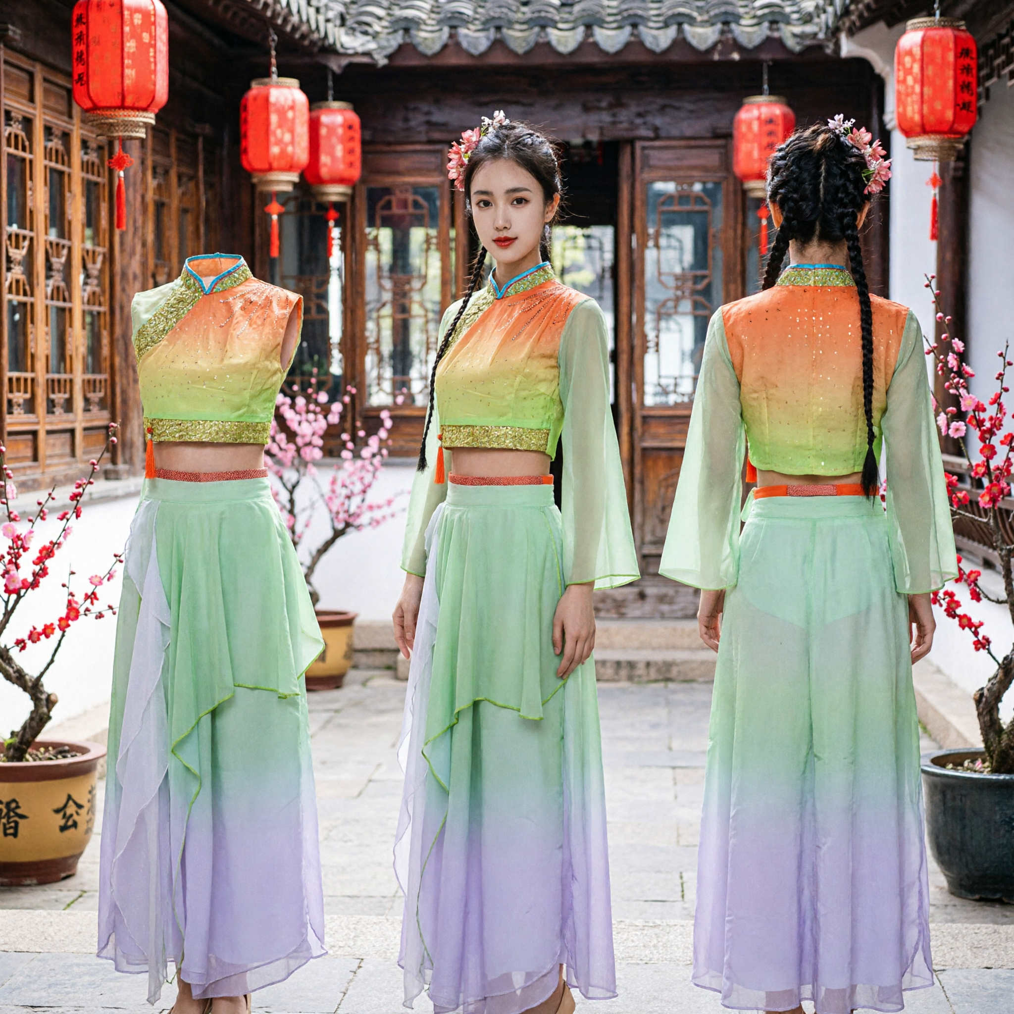 Traje Tradicional Chinês de Dança Folclórica Feminino Conjunto Saia e Top Gradiente Verde Laranja Traje Clássico para Performance de Yangge - Asian Costume