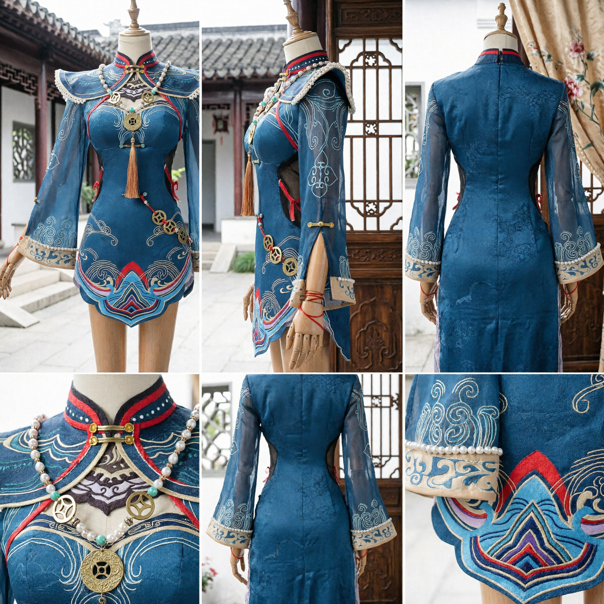 Traje Tradicional Chinês Elegante Azul Vestido Qipao Bordado com Capa de Pérolas para Performance e Cosplay Feminino - Asian Costume