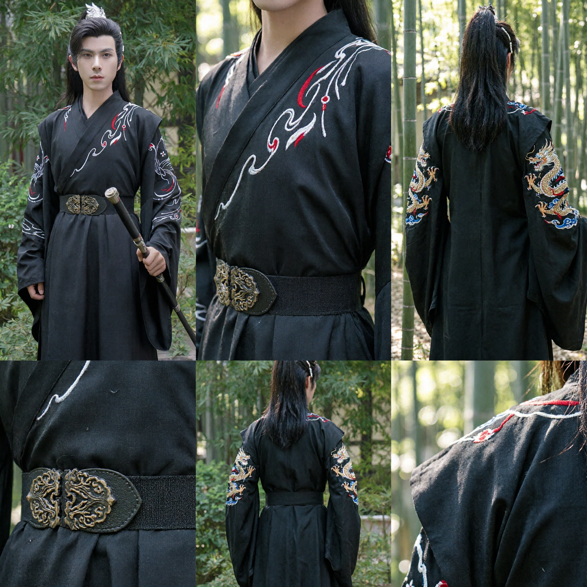 Traje Masculino Hanfu Chinês Antigo Preto de Espadachim Robe Bordado Wuxia Conjunto de Vestuário Tradicional para Cosplay - Asian Costume