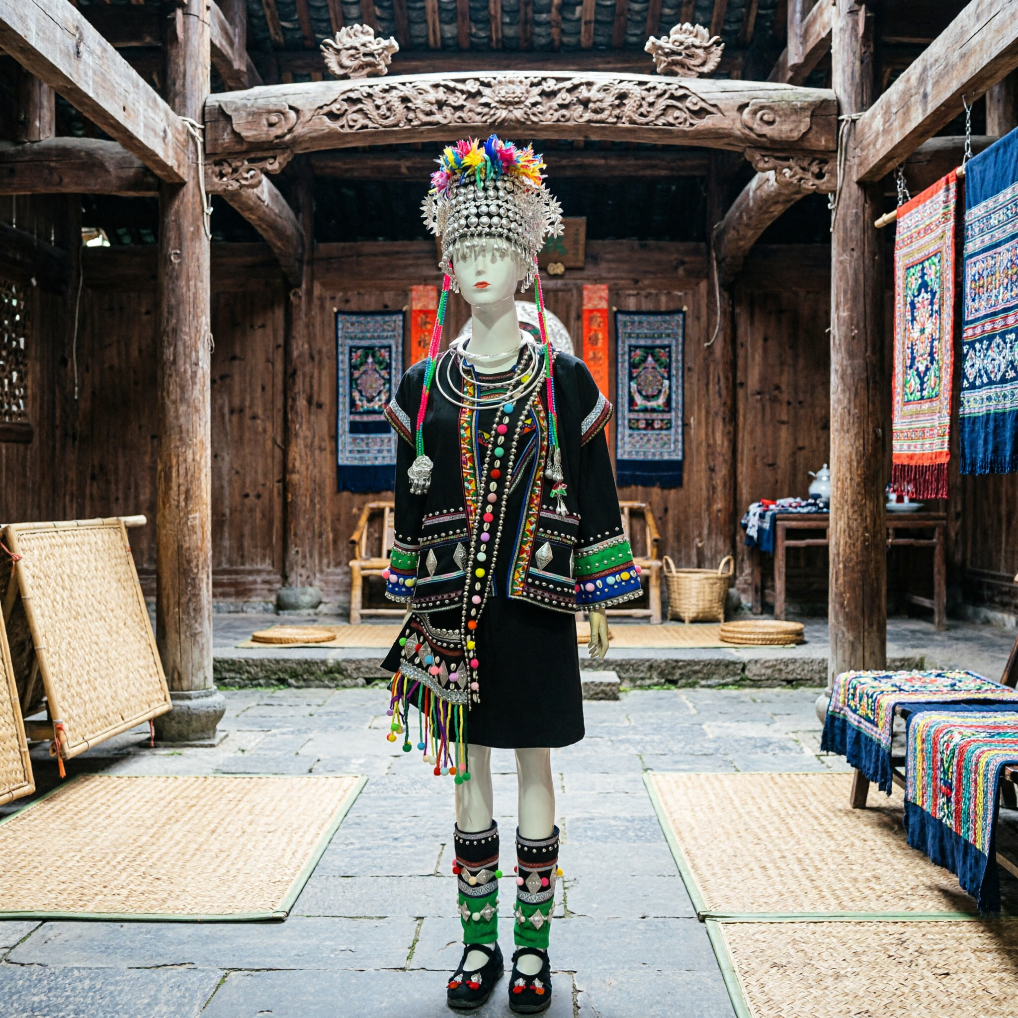 Traje Completo Tradicional Chinês de Dança Folclórica de Minoria Étnica com Tiara de Prata e Joias para Mulheres - Asian Costume