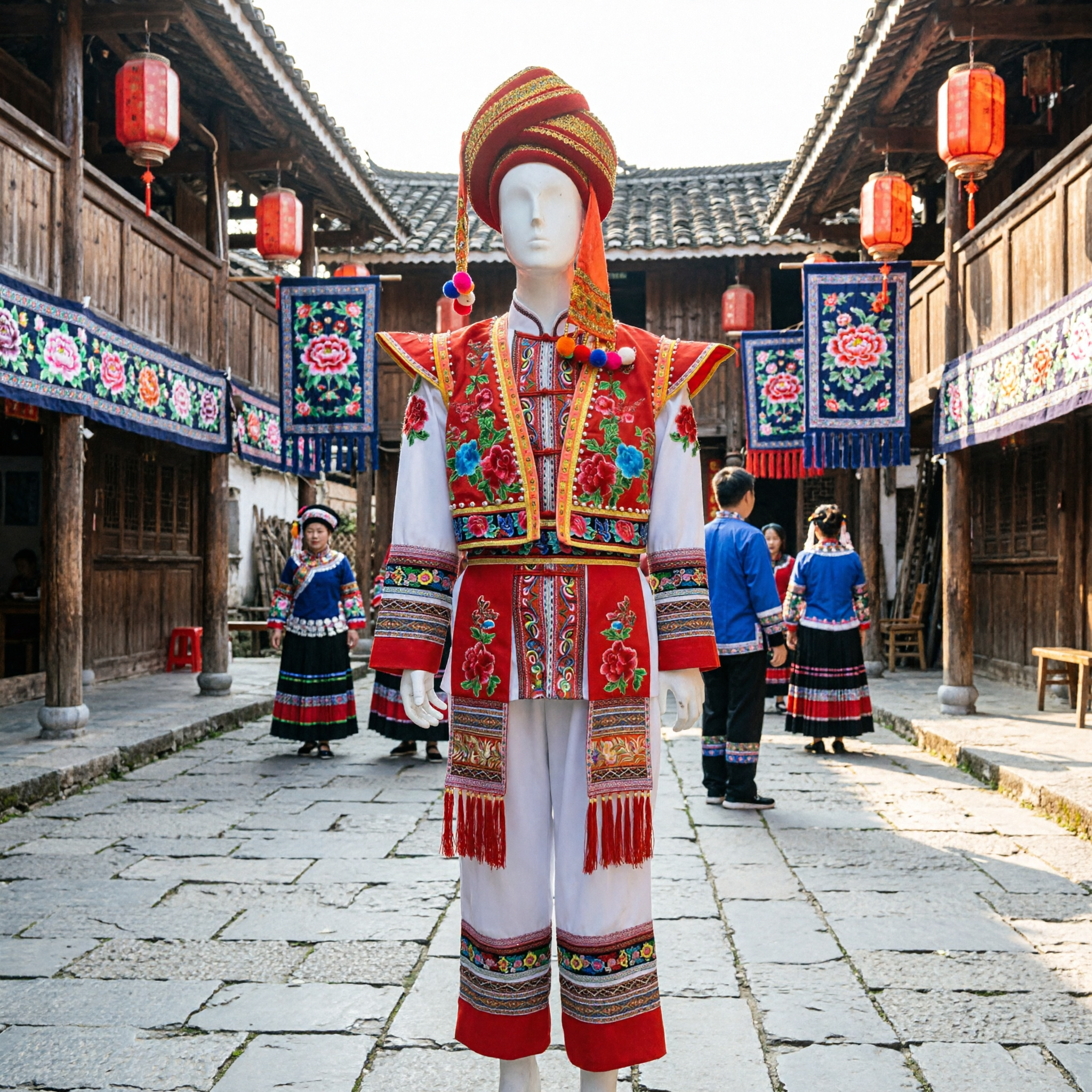 Costume per Danza Popolare delle Minoranze Etniche Tradizionali Cinesi Set Giacca e Pantaloni Ricamati con Fiori Rossi per Performance Teatrali - Asian Costume