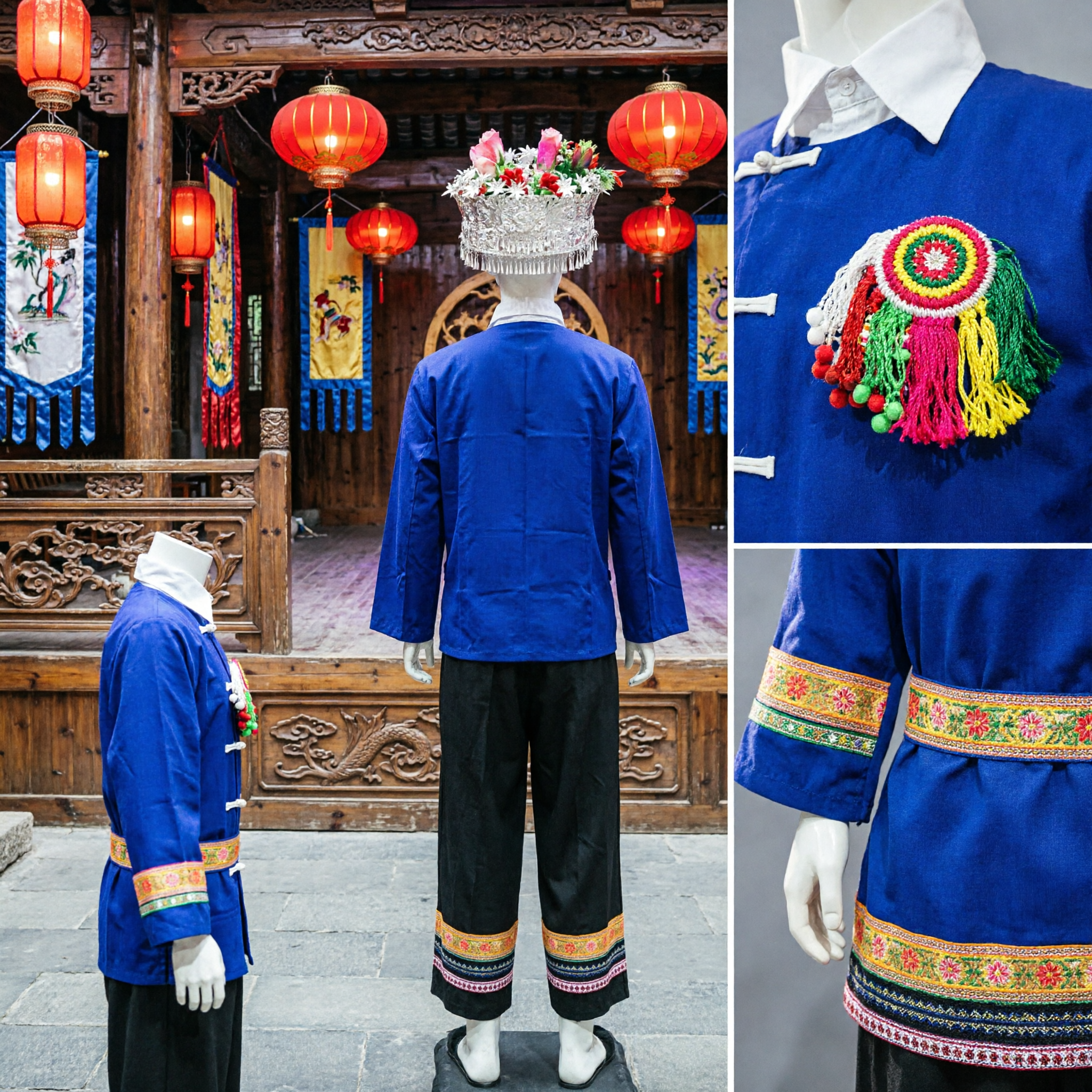 Costume Completo per Danza Popolare Maschile della Minoranza Bouyei Tradizionale Cinese Camicia Blu Pantaloni Neri Cappello per Performance Teatrali - Asian Costume