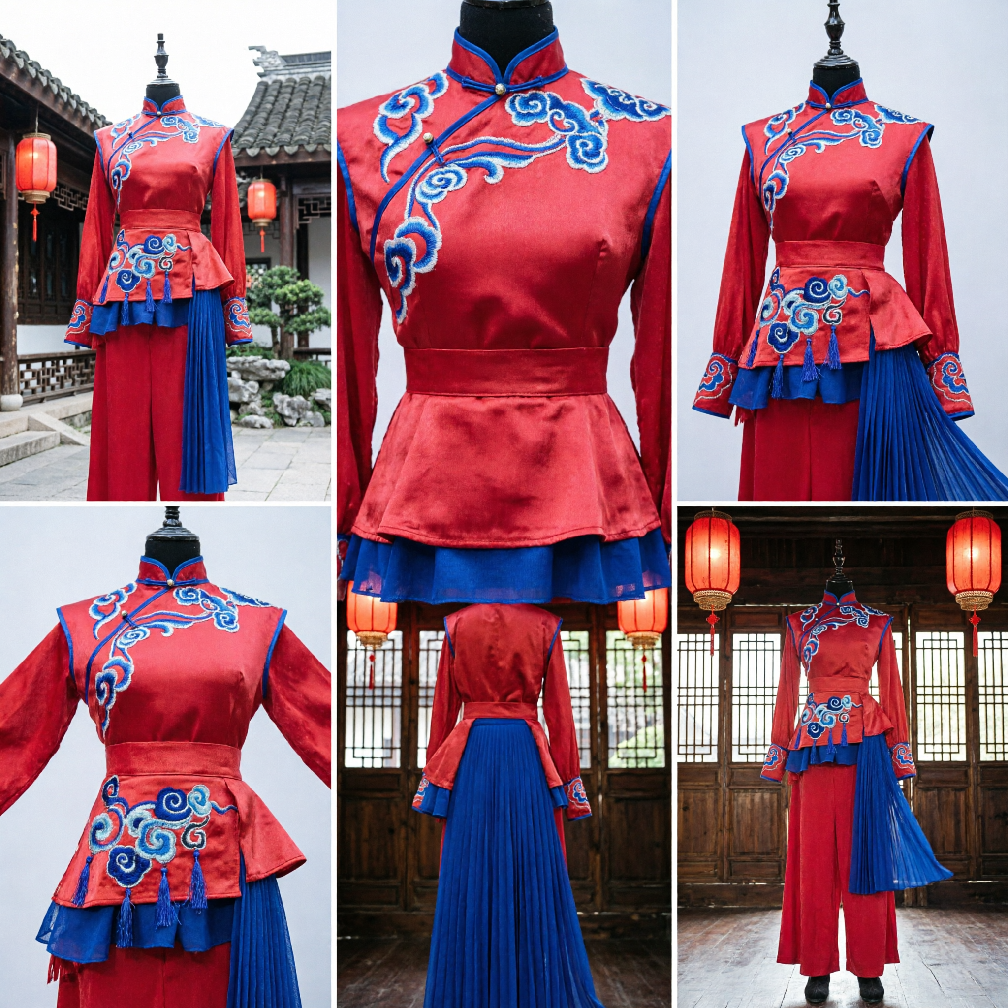 Costume per Danza Popolare Tradizionale Cinese Abito da Performance Teatrale Yangge Ricamato Rosso e Blu per Adulti - Asian Costume