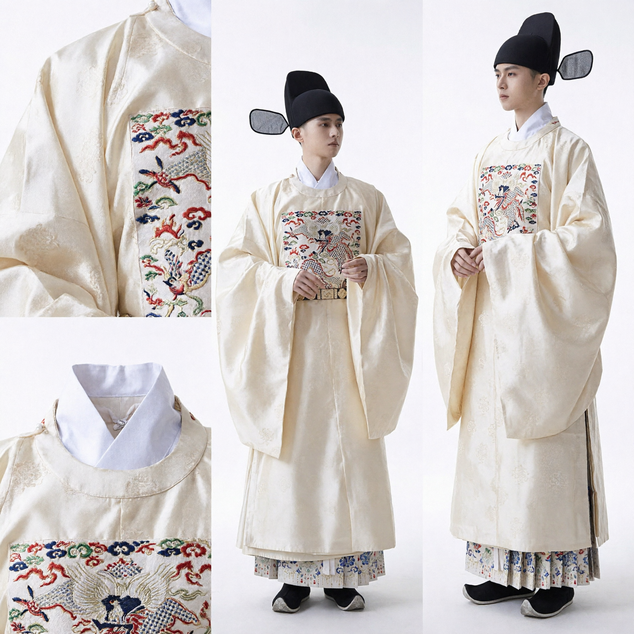 Traje Hanfu de Oficial de la Dinastía Ming para Hombres Túnica Tradicional Crema Bordada con Insignia de Rango para Cosplay y Fotografía - Asian Costume
