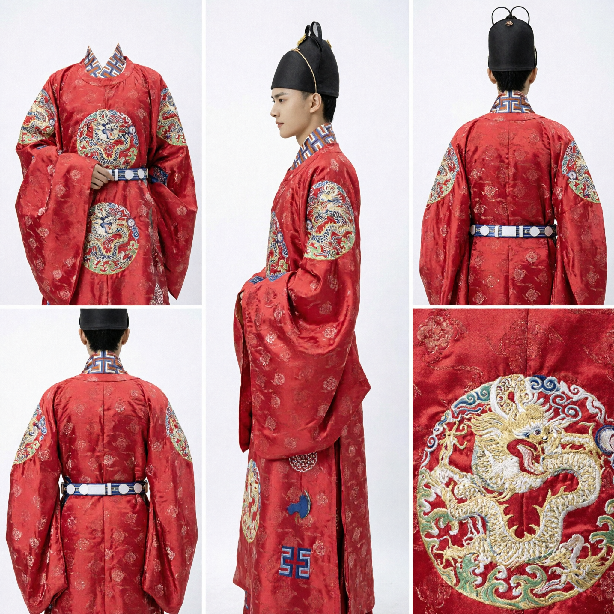 전통 중국 명나라 빨간 용 로브 남성 한푸 고대 관료 의상 웨딩 및 촬영용 - Asian Costume