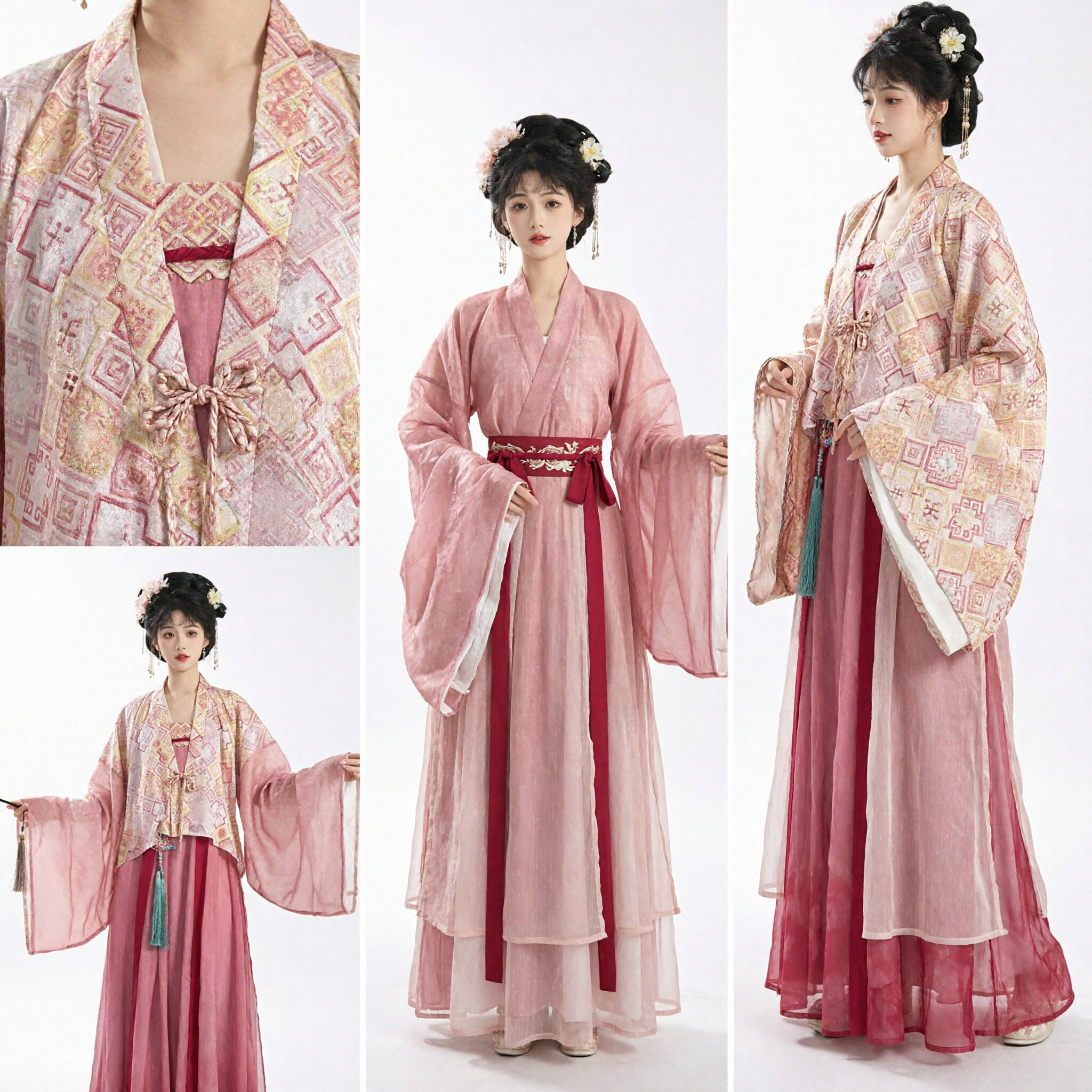 Hanfu de la Dinastía Tang Rosa Traje Tradicional Chino Conjunto de Traje de Manga Ancha con Patrón Geométrico para Mujer Festival - Asian Costume