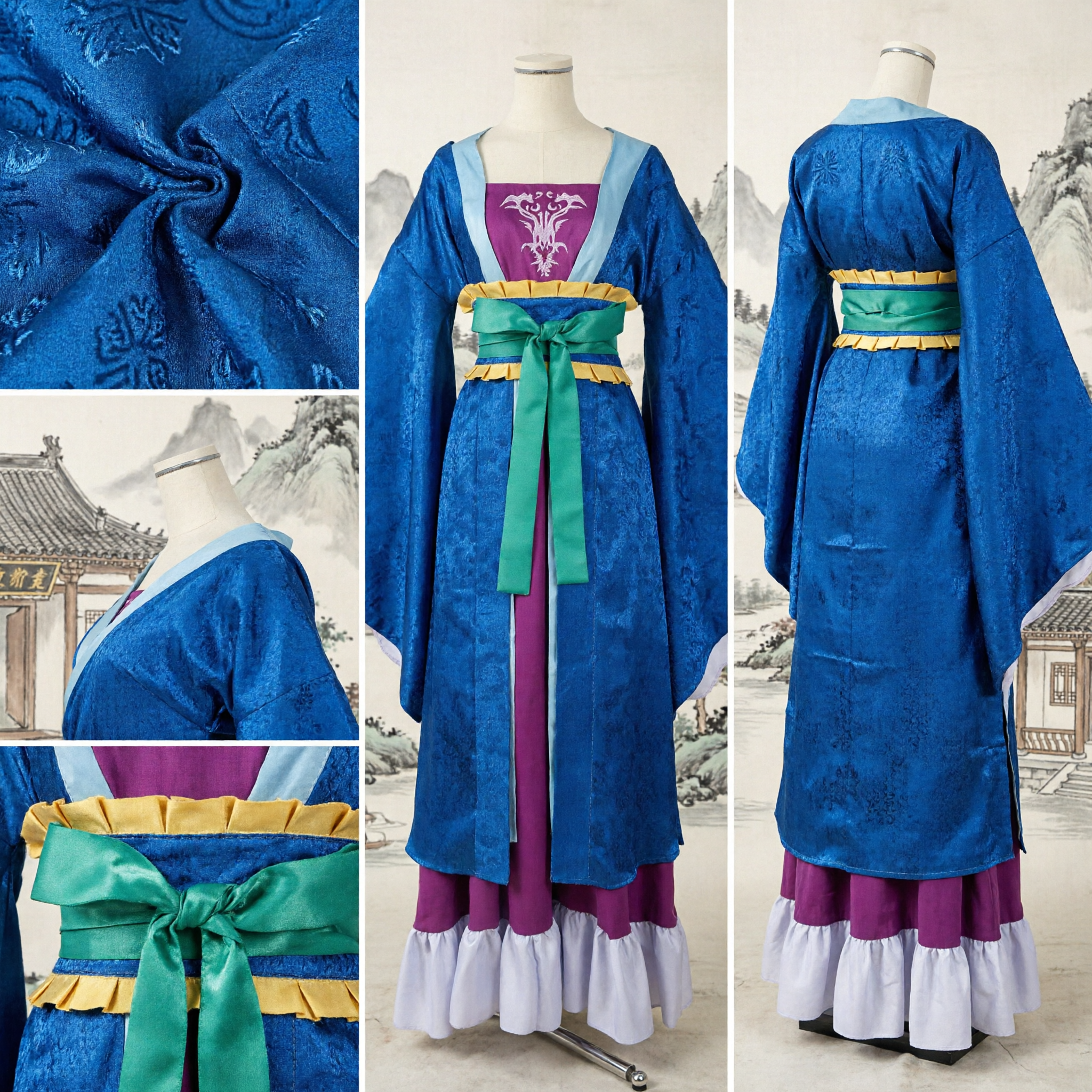 中国伝統唐風姫君漢服衣装 青刺繍古代宮廷ドレス 女性用コスプレ - Asian Costume