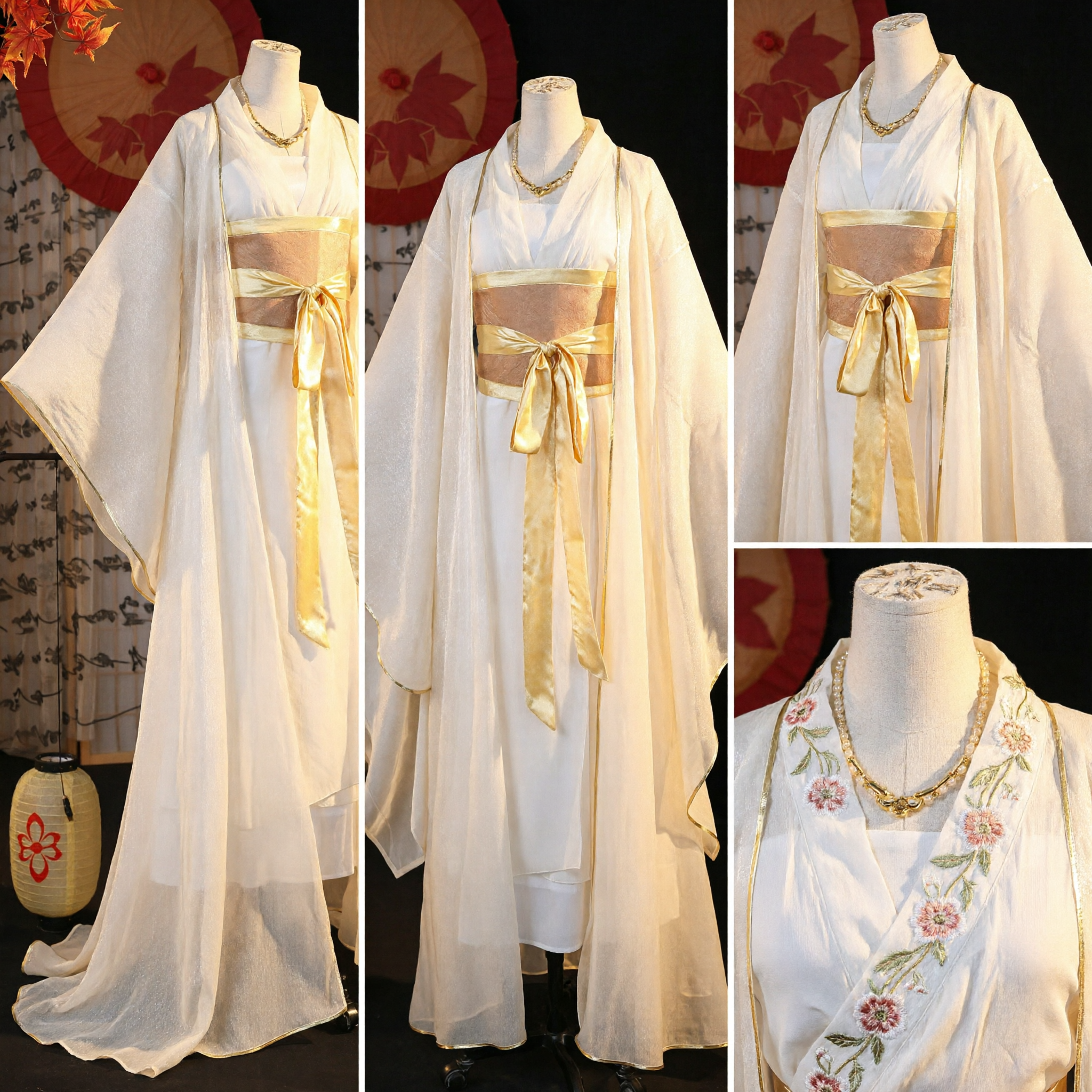 Elegante Abito Hanfu Cinese Bianco Costume da Fata Antico Tradizionale con Rifiniture Oro per Donne Cosplay - Asian Costume