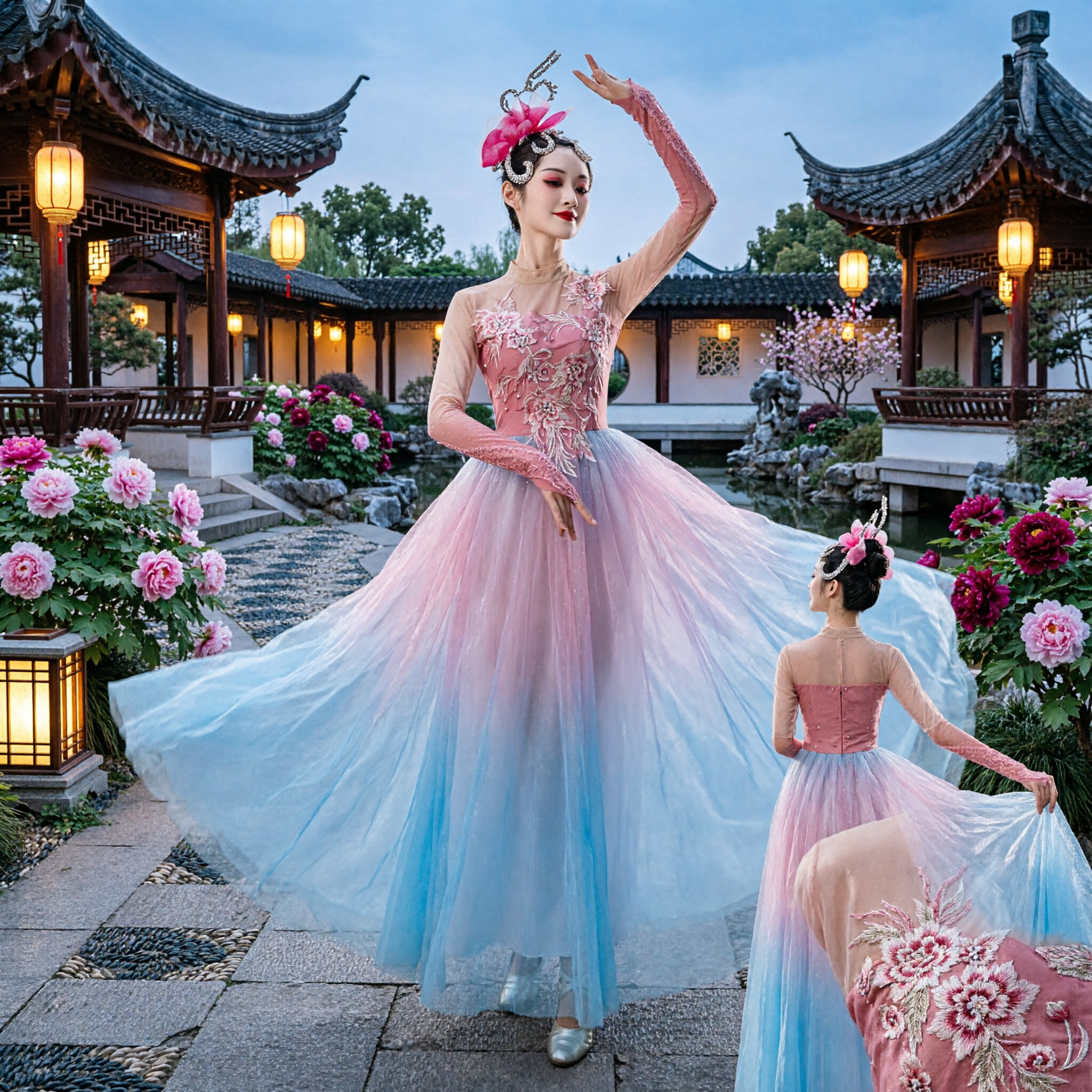 Elegantes Damen Chinesisches Klassisches Tanzkostüm Rosa Verlauf Tüllkleid mit Blumenstickerei für Bühnenauftritt - Asian Costume