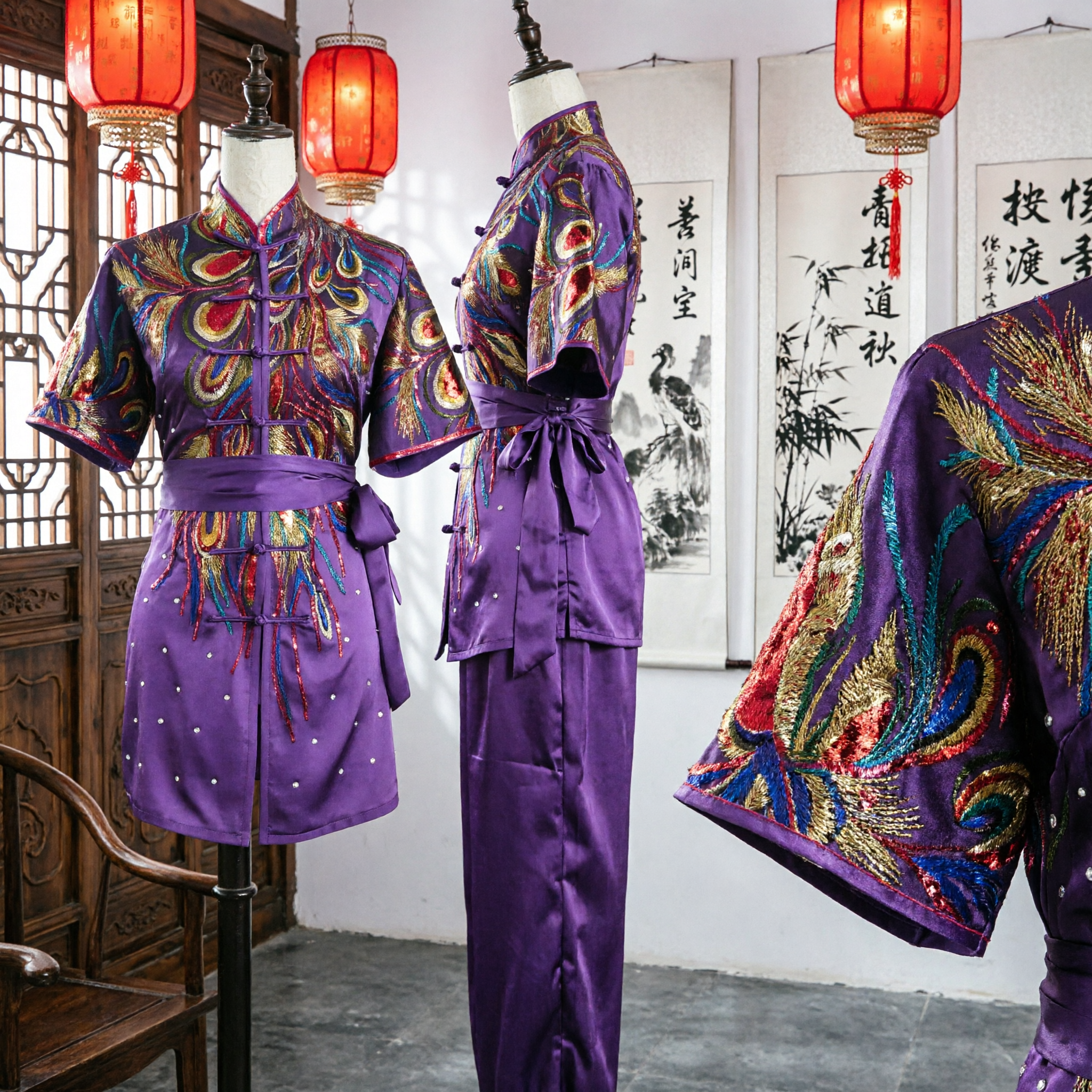 Traje de Kung Fu Chino con Bordado de Pavo Real Púrpura Uniforme de Tai Chi Traje de Presentación de Artes Marciales Tradicional para Mujer - Asian Costume