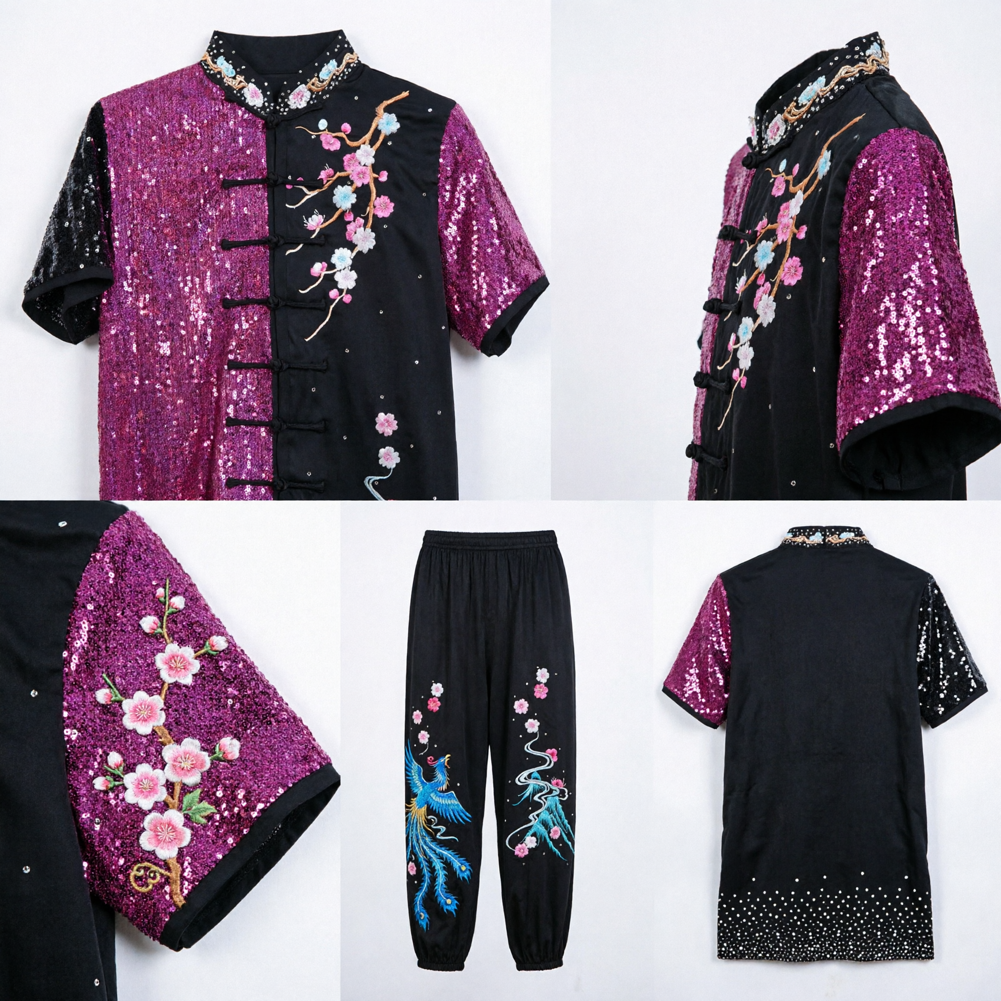 Ensemble de costume de performance traditionnel chinois Tang Suit avec broderie de fleurs de prunier et paillettes violettes pour la danse folklorique - Asian Costume
