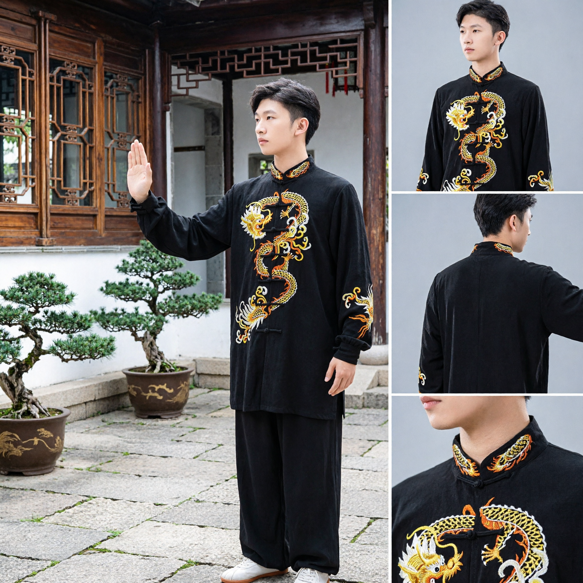 Uniforme Tradicional Chinês Kung Fu Preto para Homens com Bordado de Dragão Dourado, Tai Chi, Artes Marciais, Tang Suit - Asian Costume