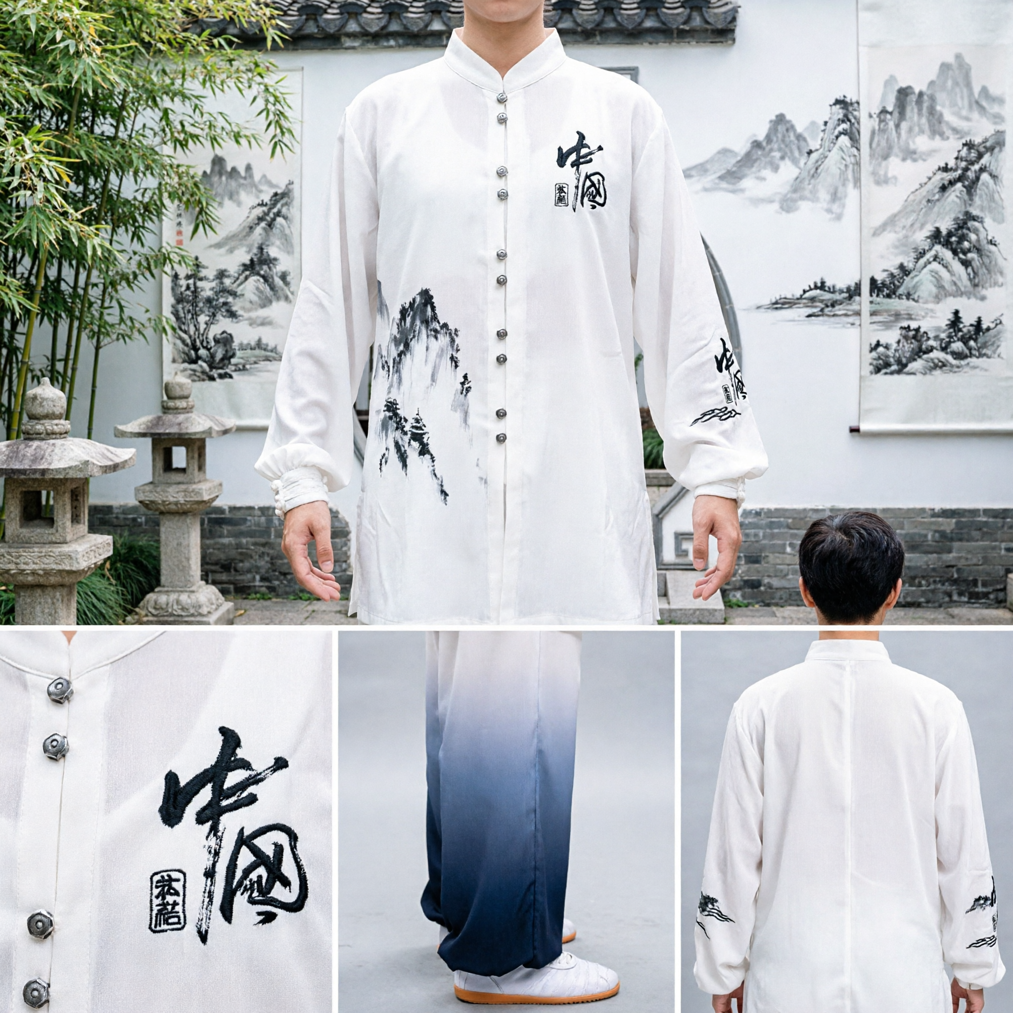Ensemble d'uniforme traditionnel de Tai Chi pour femmes, haut avec motif de lavis blanc et pantalon dégradé, vêtement de Kung Fu et d'arts martiaux - Asian Costume