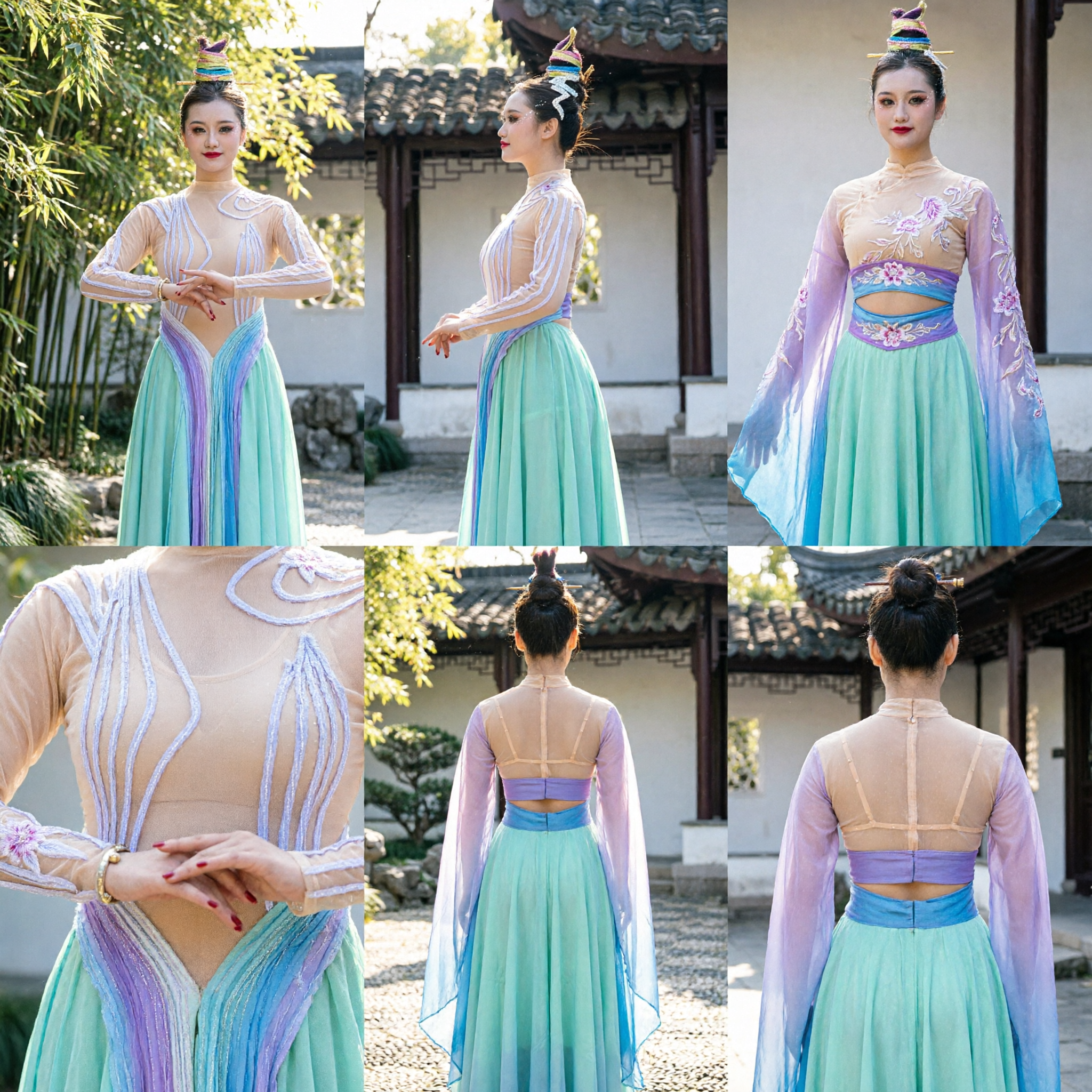 Traje de Dança Folclórica Chinesa para Mulheres Vestido de Palco Tradicional Moderno Saia em Degradê Verde Menta e Top de Malha Transparente - Asian Costume