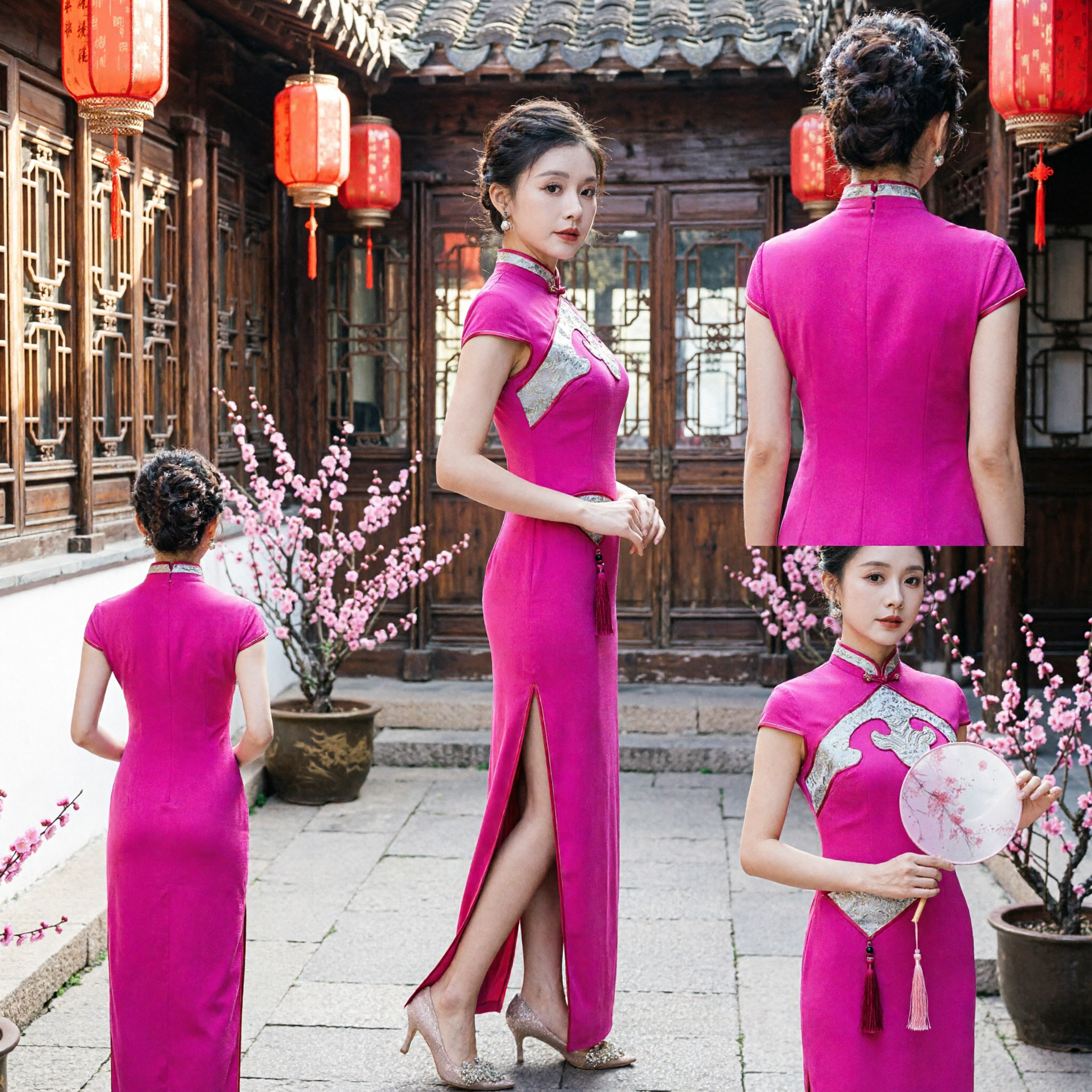 Élégant Cheongsam Chinois Rose Vif Long Robe Qipao Traditionnelle Col Mandarin Robe de Soirée Formelle pour Femmes - Asian Costume