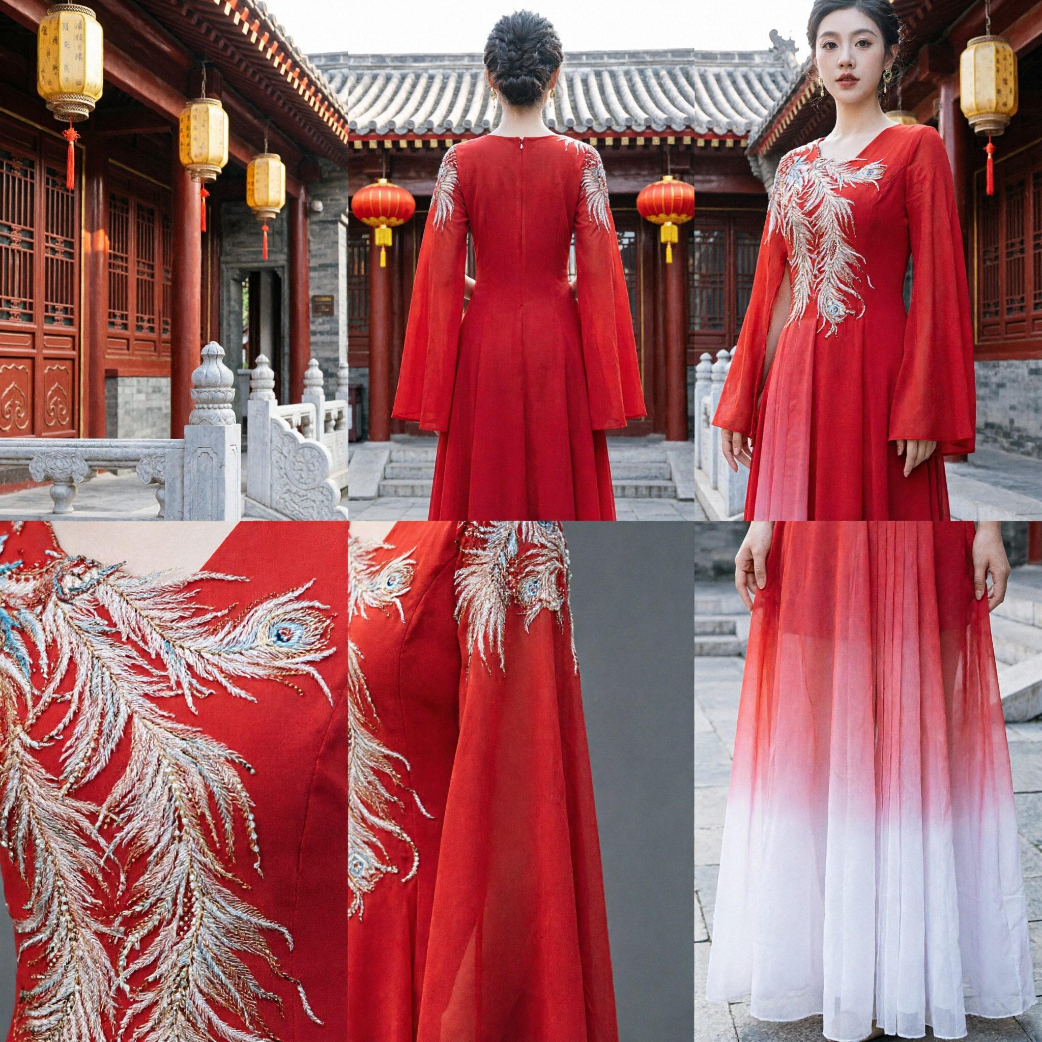 Elegant Red Chinese Style Evening Gown with Phoenix Embroidery and Cape Sleeves for Wedding Toast Host - Asian Costume