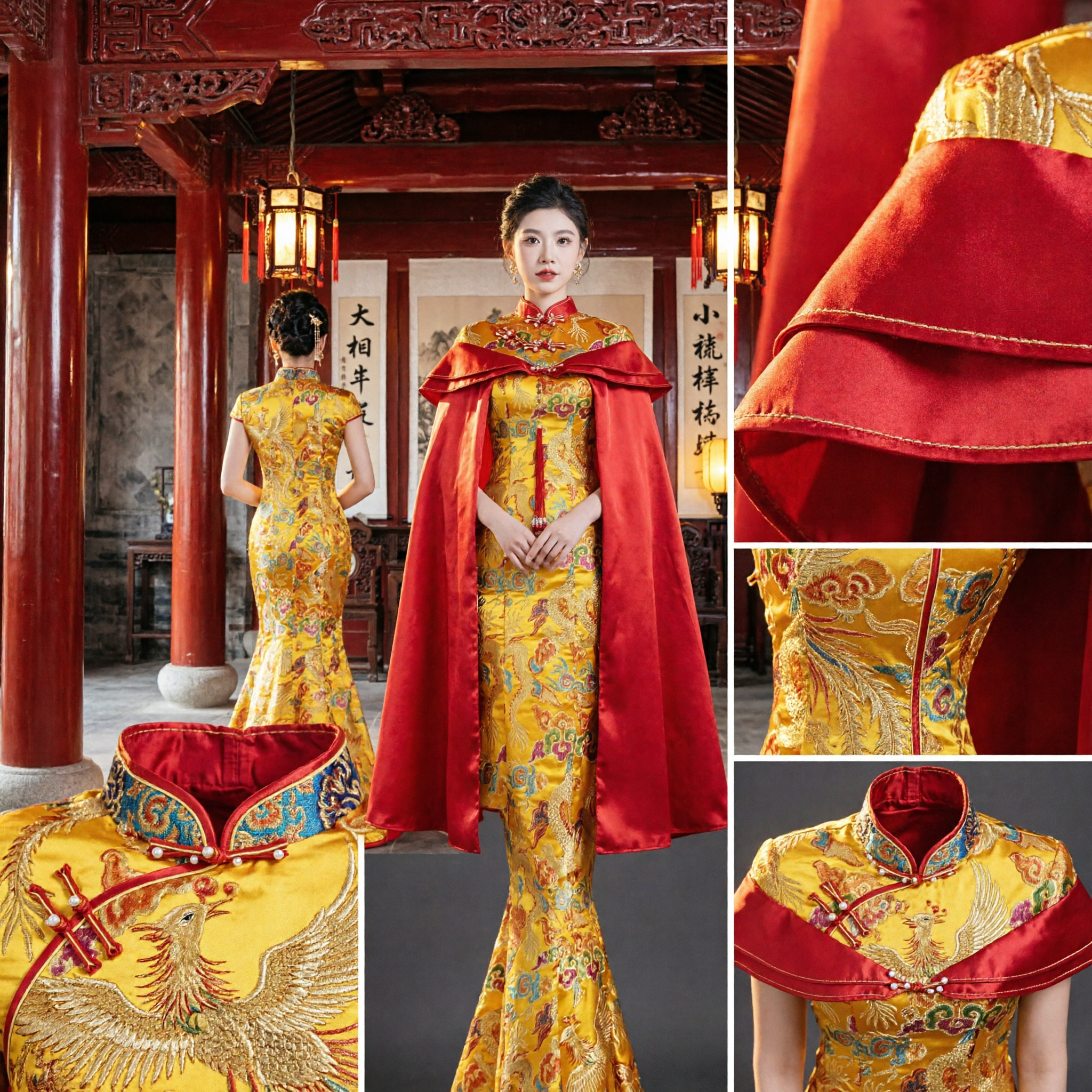 伝統的中国婚礼衣装 黄龍鳳刺繍マーメイド 秀禾服 赤ケープ付き花嫁衣裳 - Asian Costume