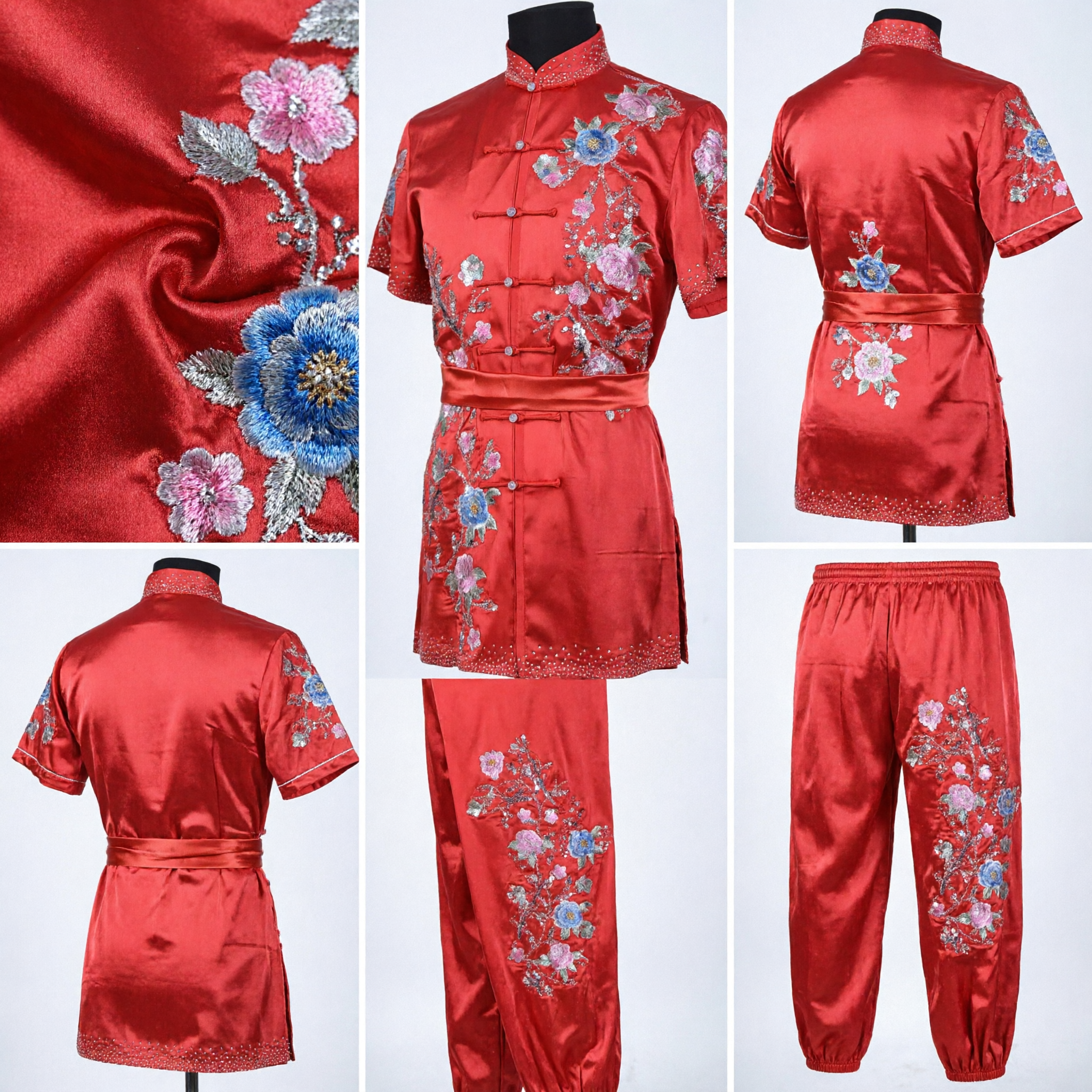 Rotes floral besticktes chinesisches Kung Fu Anzug für Frauen Traditionelle Tai Chi Kampfkunstuniform Kostüm - Asian Costume