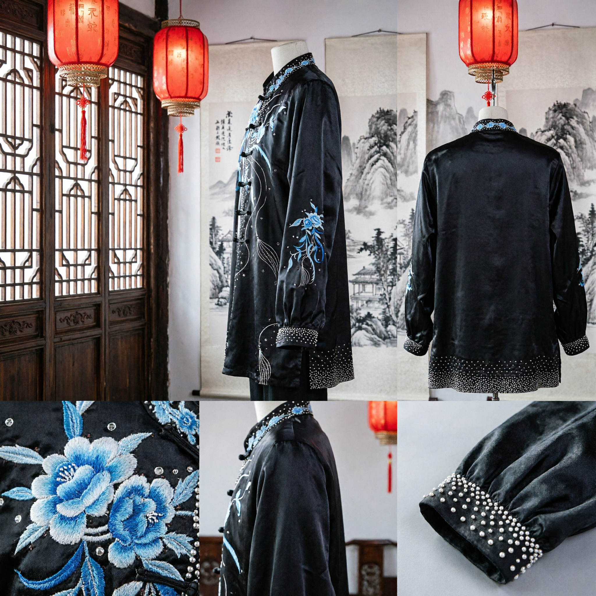 زي فنون الدفاع عن النفس الصيني التقليدي - بدلة تاي تشي سوداء بتطريز زهري أزرق (كونغ فو ووشو) - Asian Costume