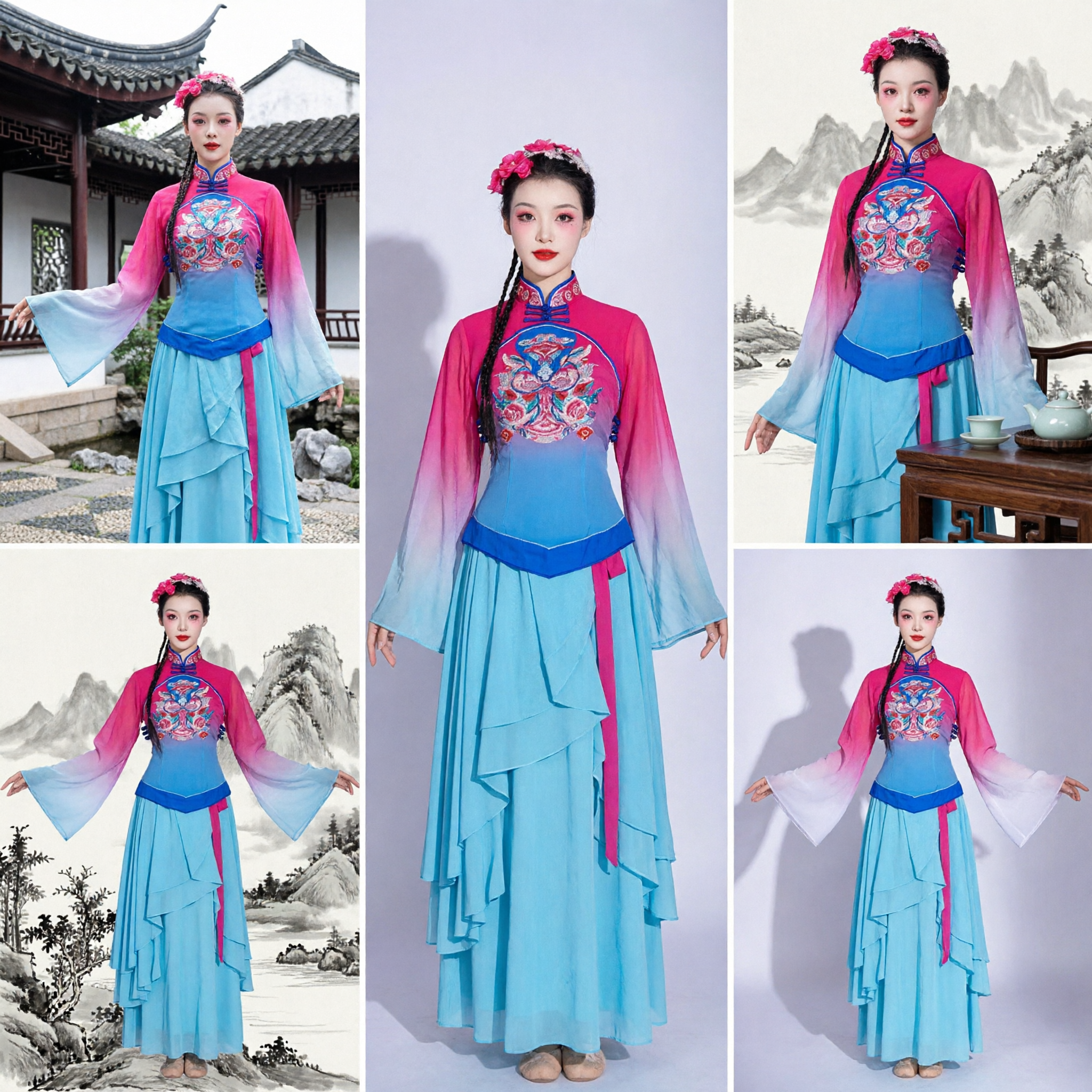 Traje de Danza Folclórica Tradicional China para Mujer Blusa Bordada en Gradiente Rosa y Azul con Mangas de Agua y Falda para Actuación - Asian Costume
