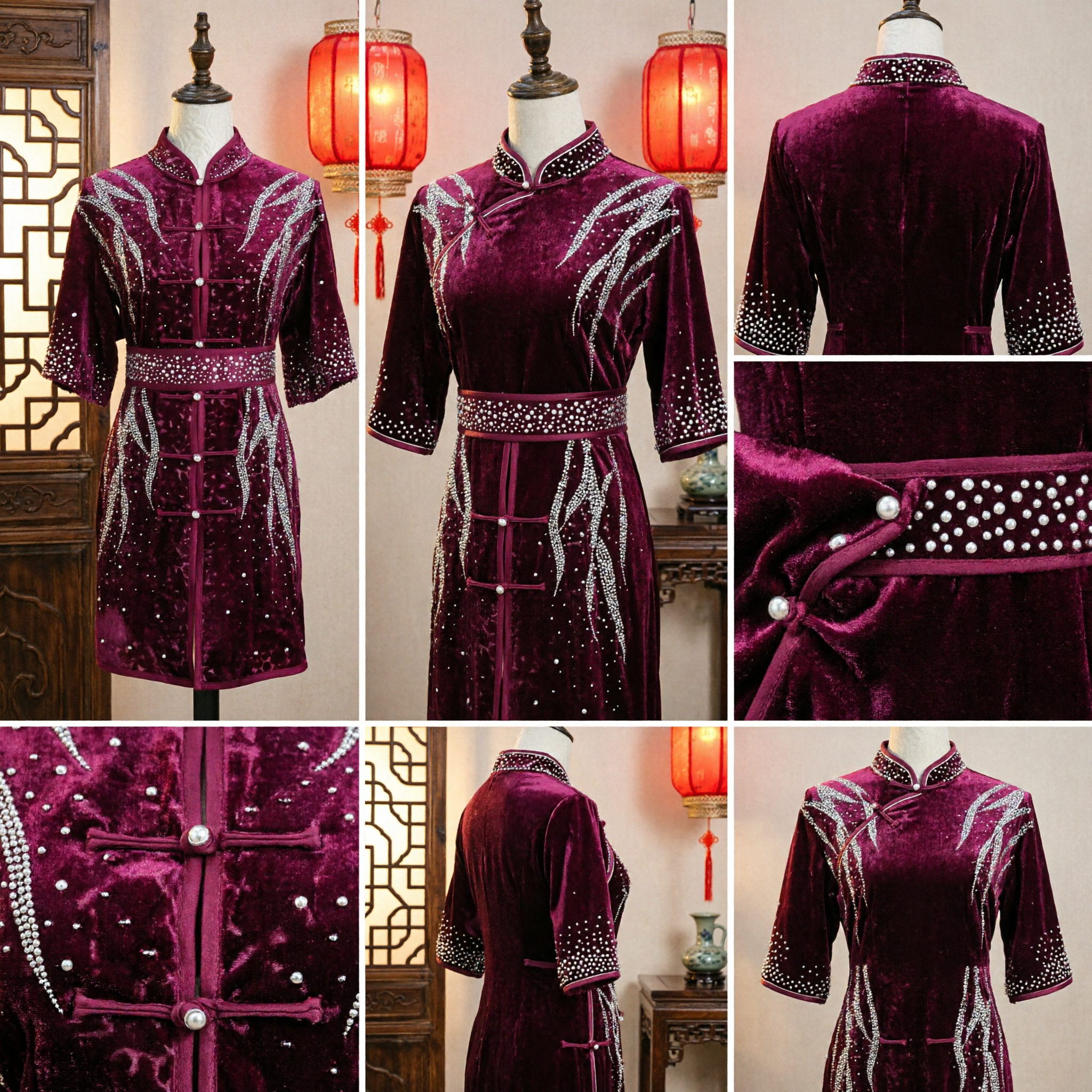 Women's Burgundy Velvet Chinese Kung Fu Uniform Rhinestone Embellished Martial Arts Stage Performance Costume Set - Asian Costume