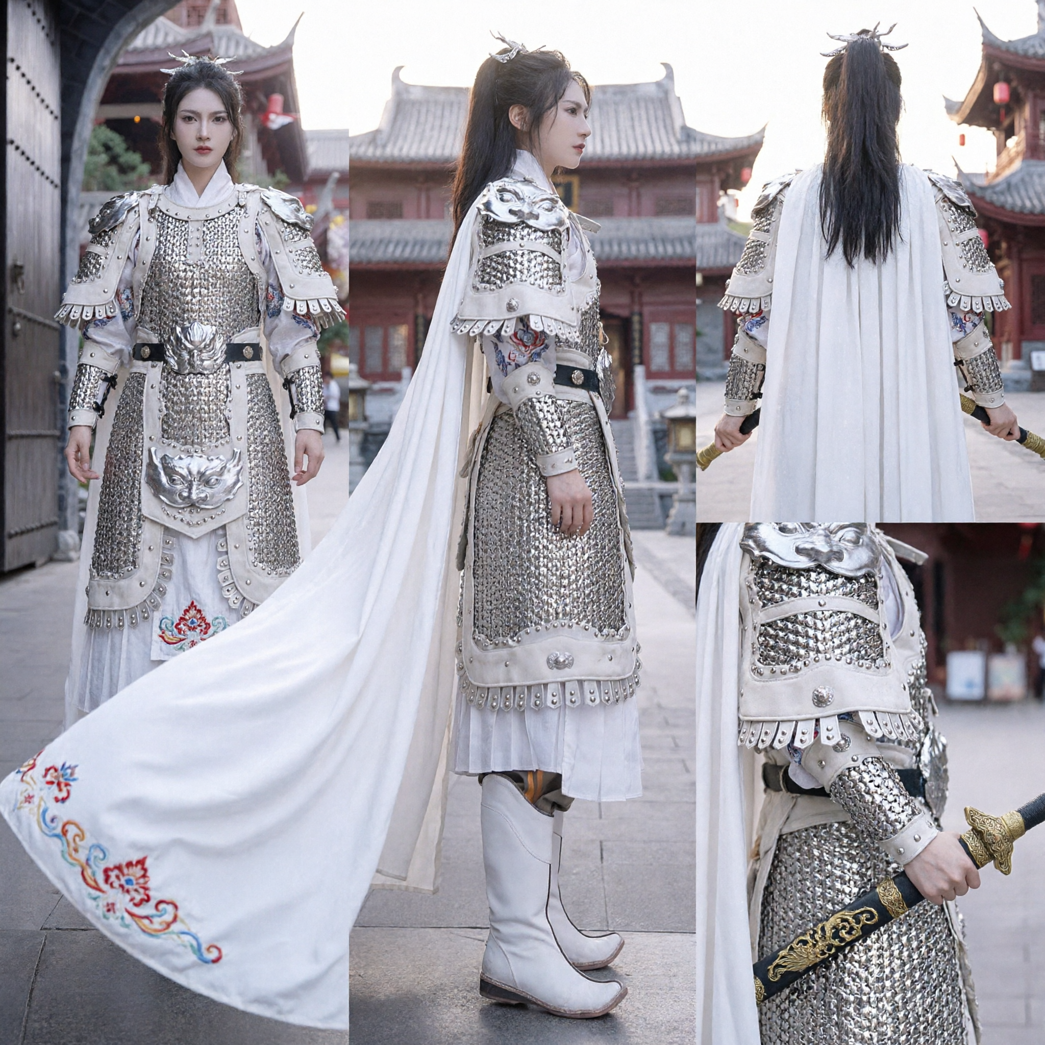 Antikes chinesisches General-Ritter-Cosplay-Kostüm Weiß-Silber-Rüstung Traditionelle Hanfu-Krieger-Outfit für Erwachsene - Asian Costume